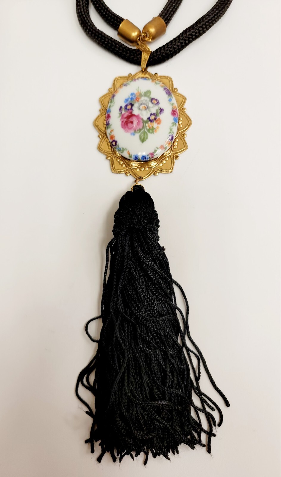 Vintage Miriam Haskell Necklace Large Floral Pendant On Black Cord With Tassel
