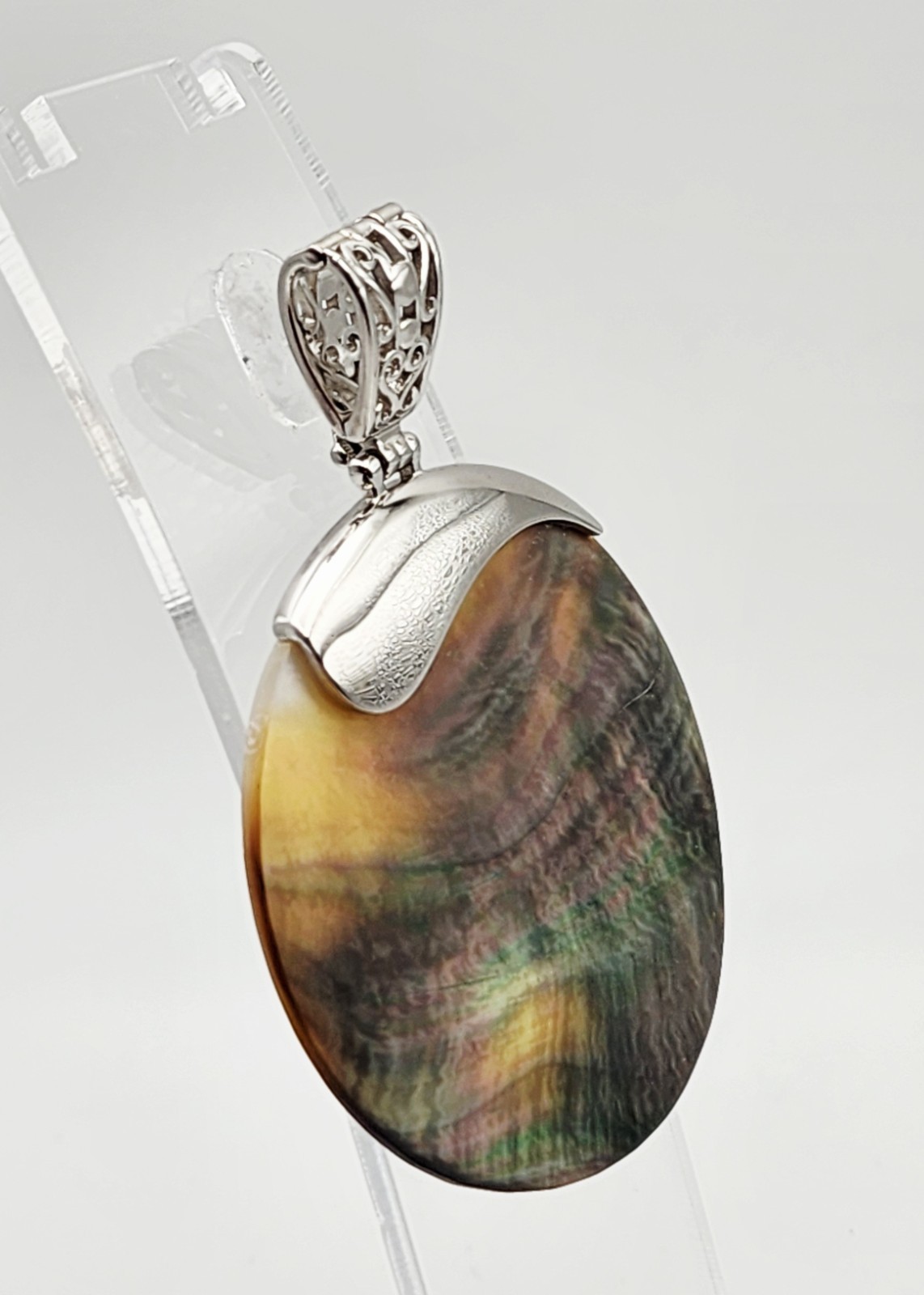 BBJ Vintage Sterling Silver Abalone Shell Scrollwork Pendant w/Hinged Bail