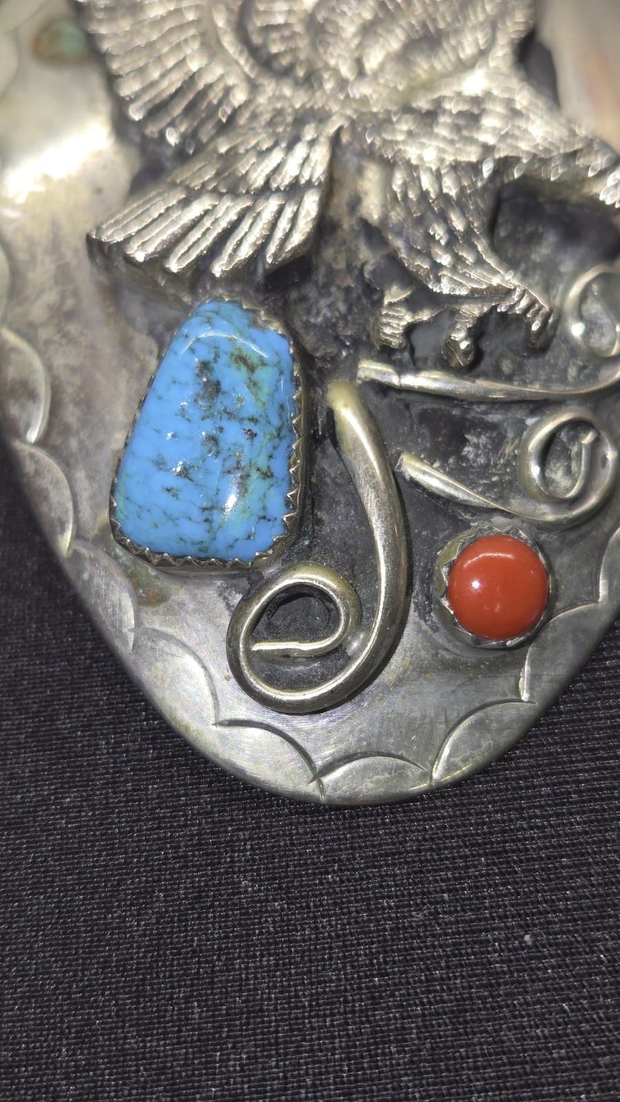 Vntg NAVAJO STERLING Silver Bolo Tie Attacking Eagle With TURQUOISE & Red CORAL