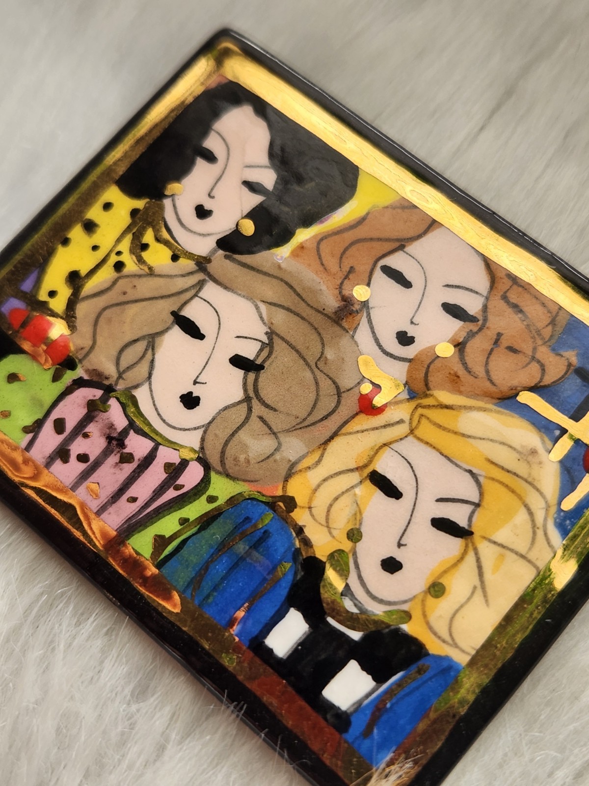 Laura Mostaghel Signed Hand Painted Folk Art Brooch Women Faces Portrait