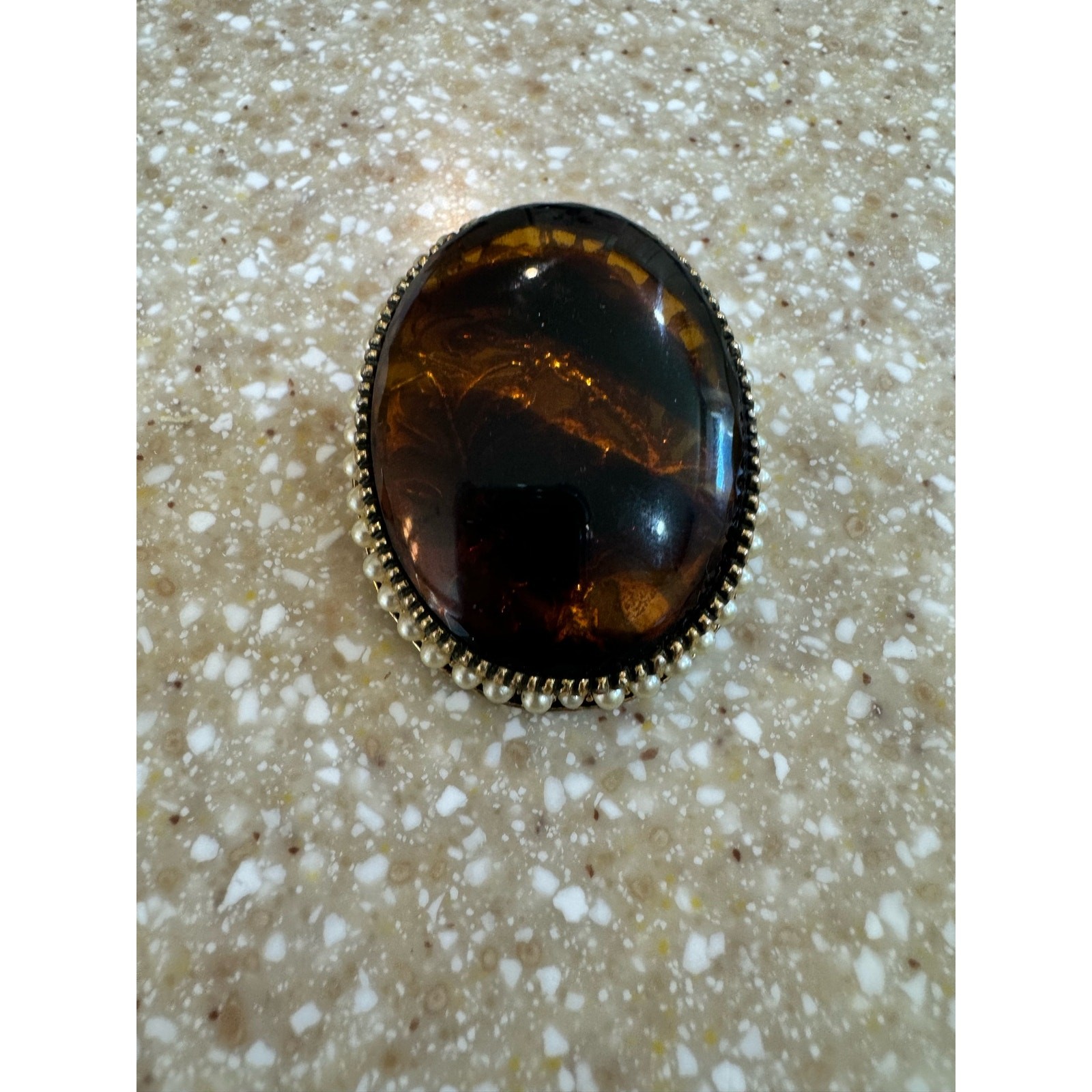 VTG Brooch Pin Gold Tone Honey Amber Murano Style Pearls Costume Jewelry Damage