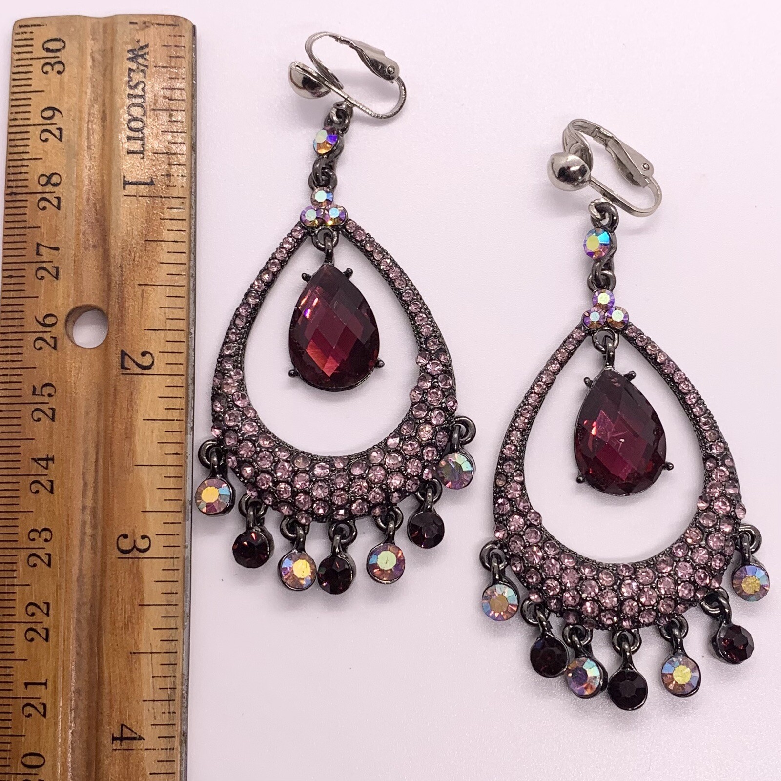 VTG PINK PURPLE PAVE CRYSTAL GUNMETAL BIG CHANDELIER HOOP EARRINGS DANGLE CLIPON