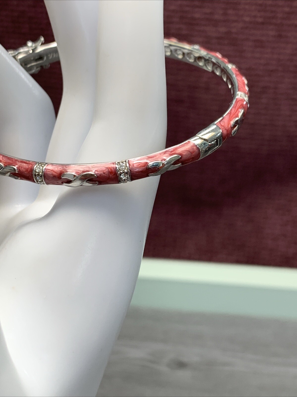 Vintage Bracelet signed, Laura Adams, pink enamel micro crystal hinged bangle