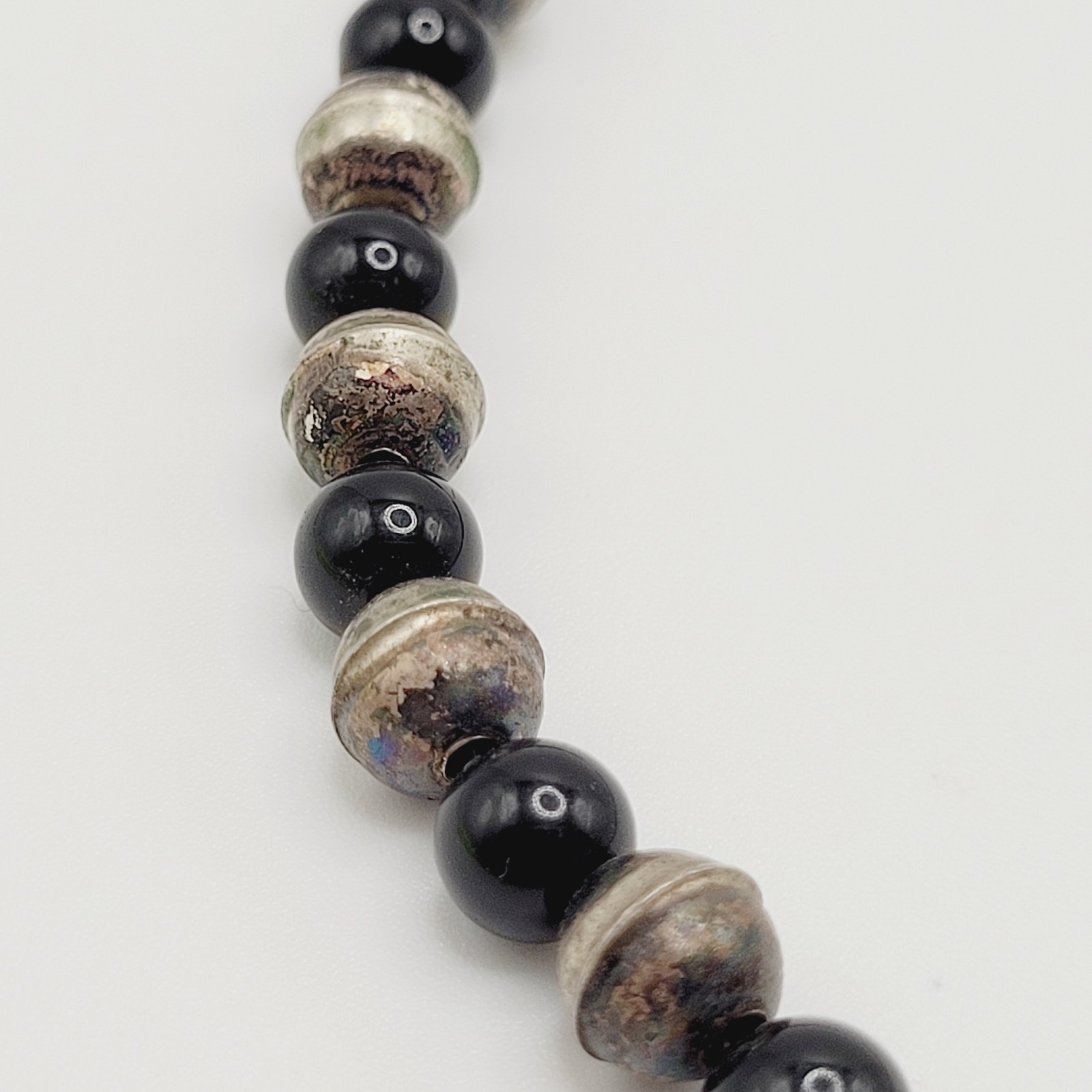 Southwestern Artisan Black Onyx Silver Tone Bead Bib Fringe Vtg Necklace 18 Inch