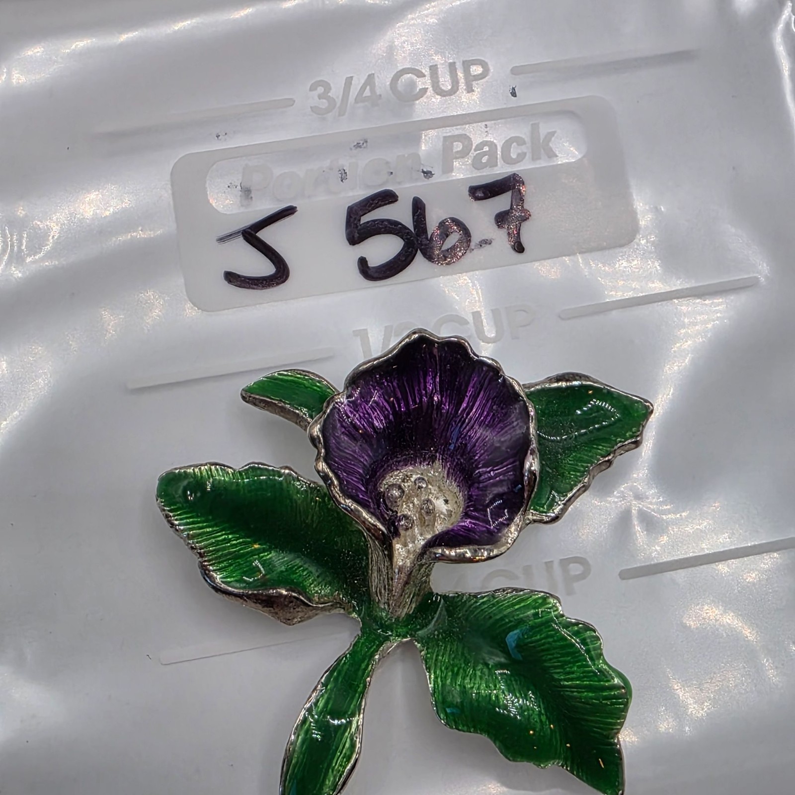 Vintage Enamel Orchid Brooch Silver Tone Floral Pin Purple Green Rhinestone