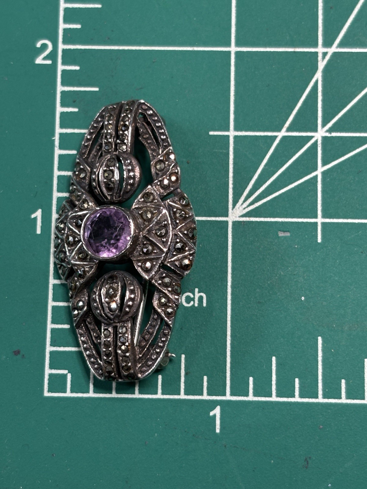 Rare Vintage Amethyst, Marcasite & Sterling Silver 925 Brooch