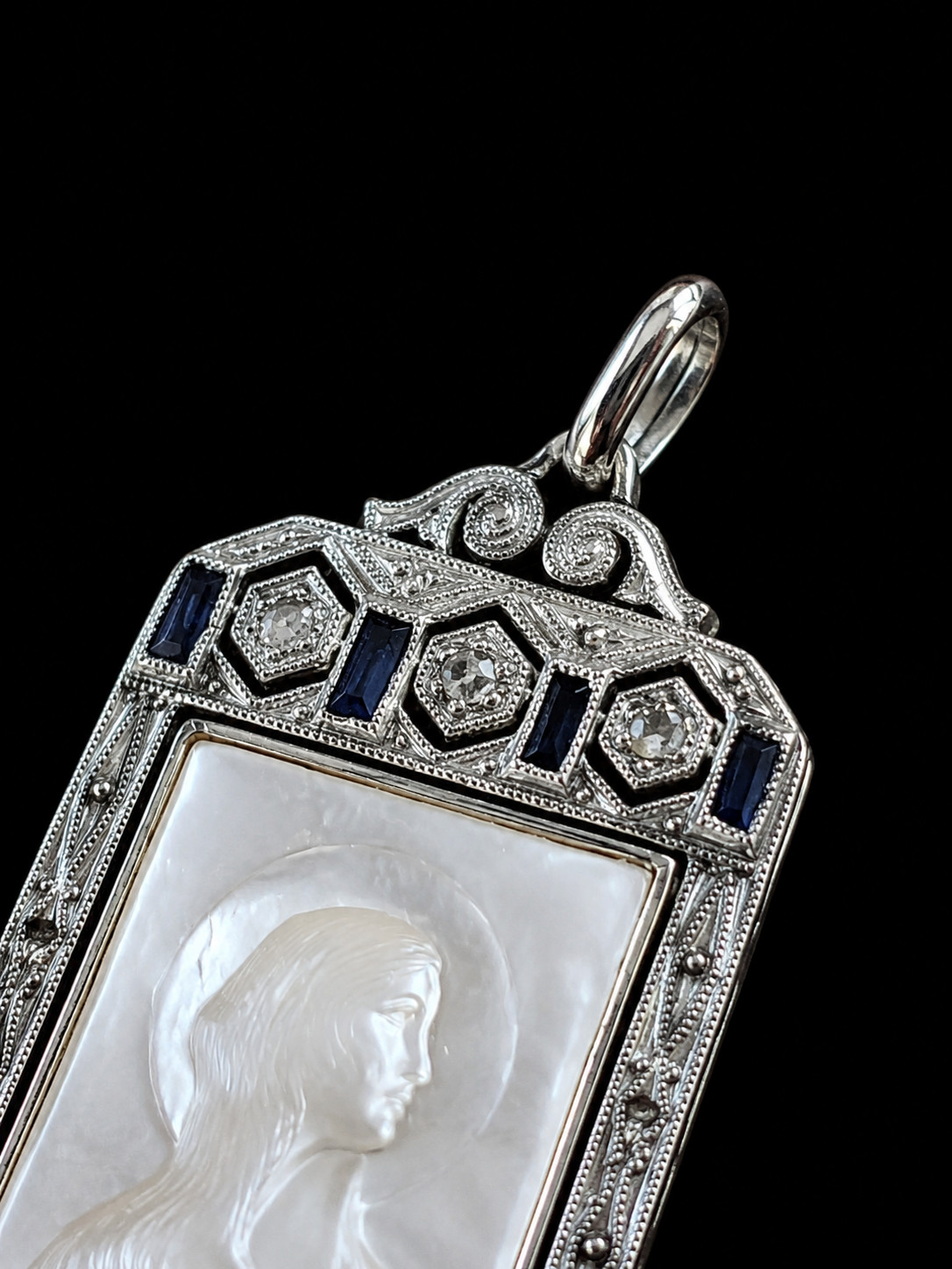 Antique Art Deco 18K Gold Religious Virgin Mary Pendant Diamonds Sapphires
