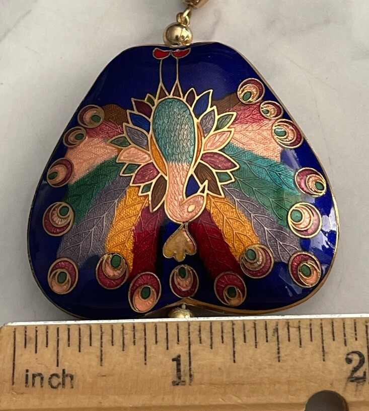 Blue Cloisonne Double Sided Peacock Pendant Necklace Tassel MM-39
