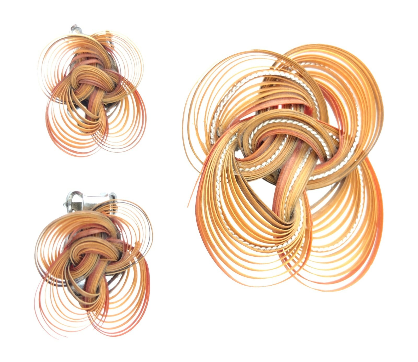 Vintage Retro Quilled Plastic Strip Brooch Clip-on Earrings Set Very Light 1970s