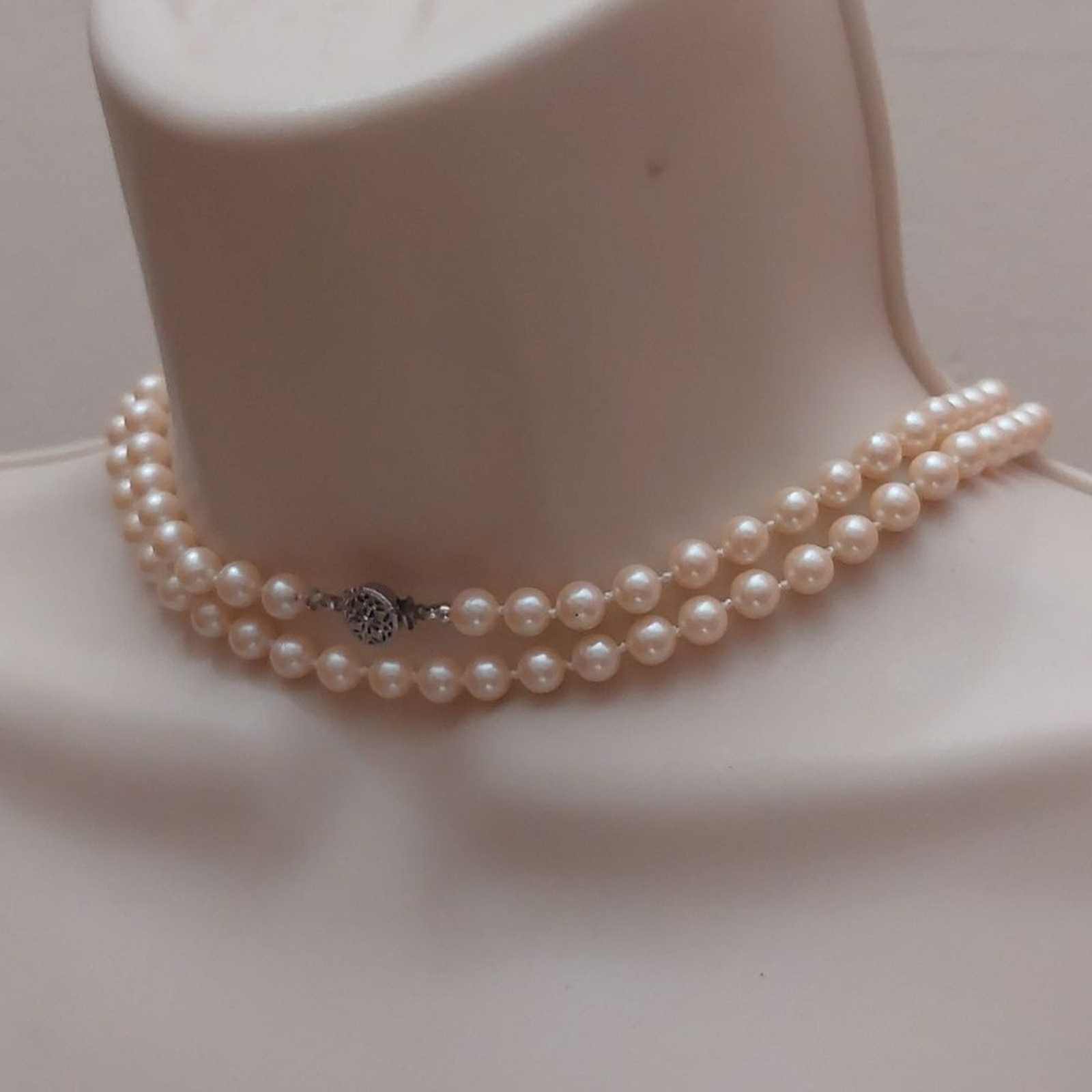 Vintage Classic Look Hand Knotted Faux Pearl Necklace Filigree Fish Hook Clasp