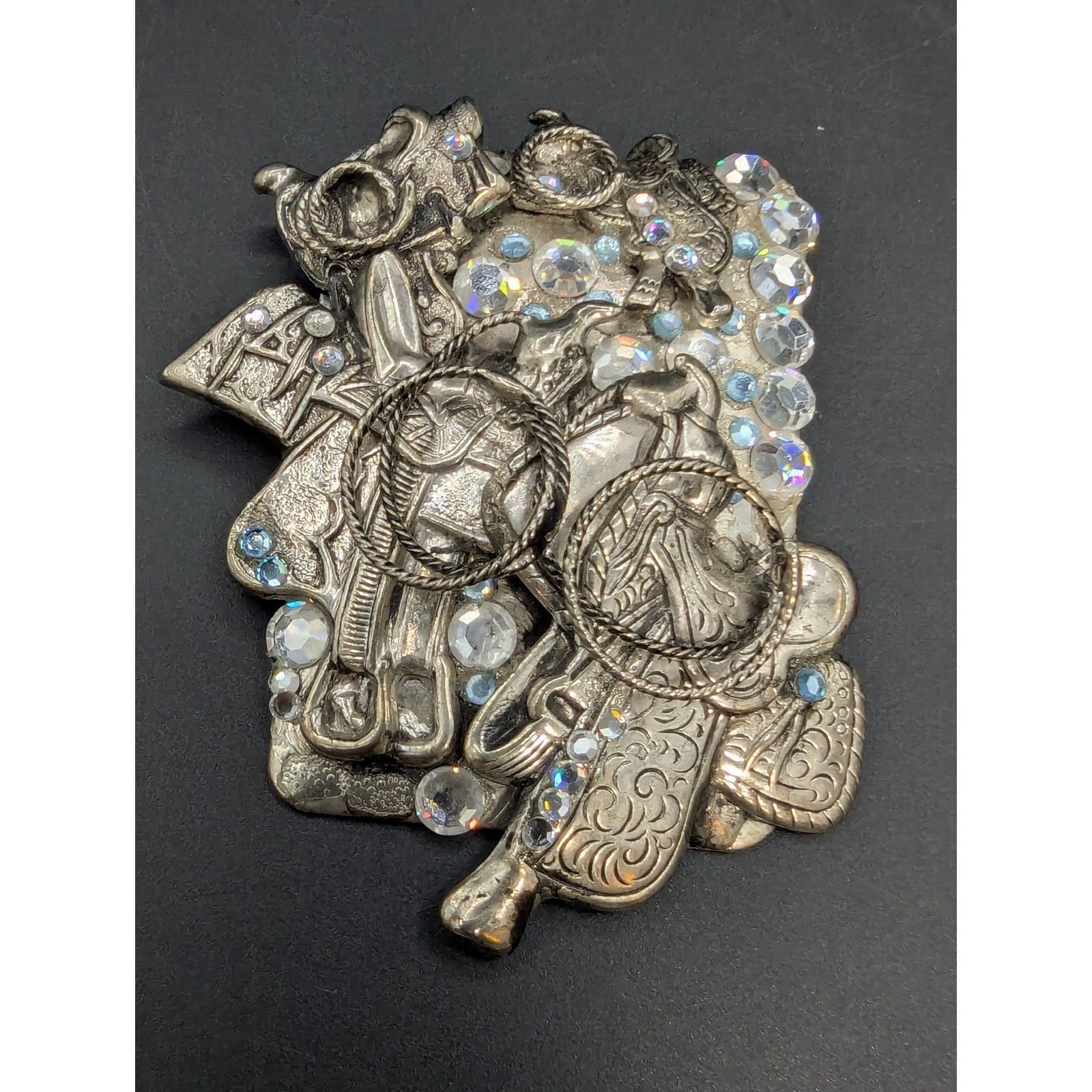 Cowgirl Western Horse Saddle Silver Tone AB Rhinestone Brooch Signed