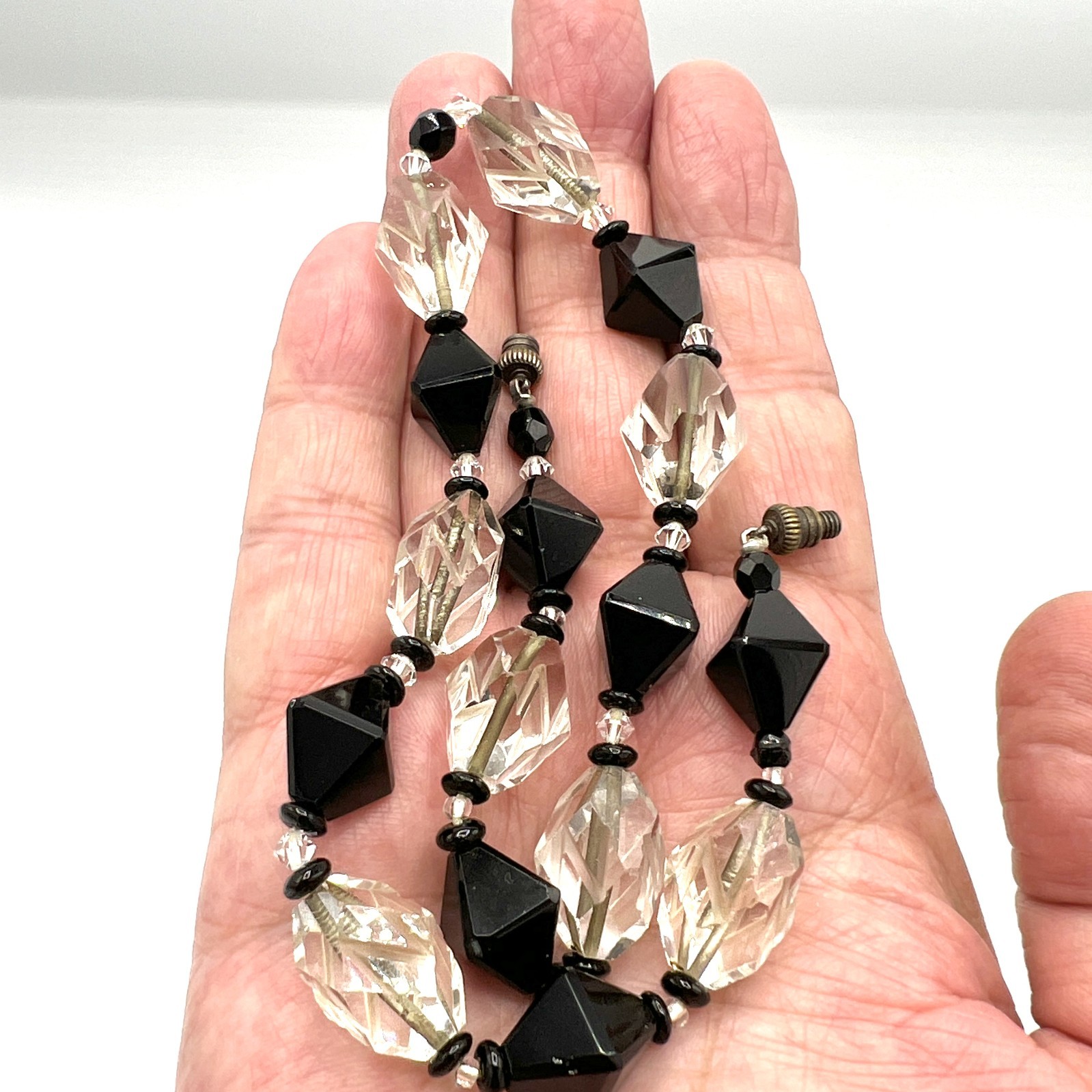 1920s Black & Clear Beveled Glass Bead Necklace Vintage Beads Later Assembled