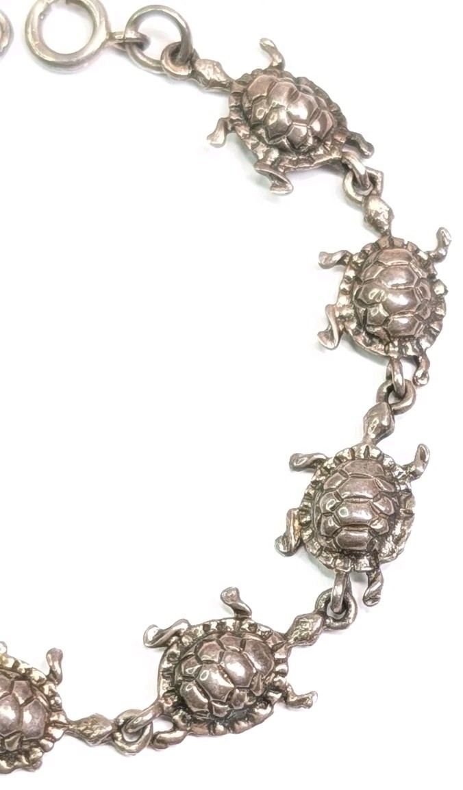 Turtles In A Row Bracelet Sterling Silver 7.75″ Turtle Link Tortoise Gift 11gram