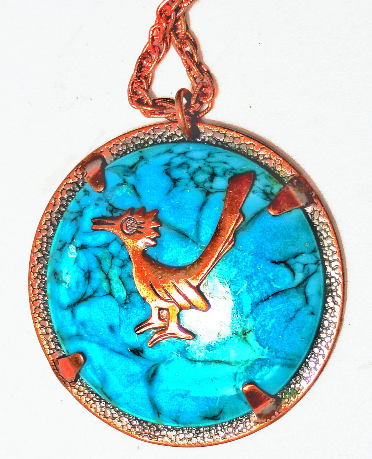 1950s 1960s Bell Trading Post Copper Arizona Road Runner Pendant w Necklace 10″
