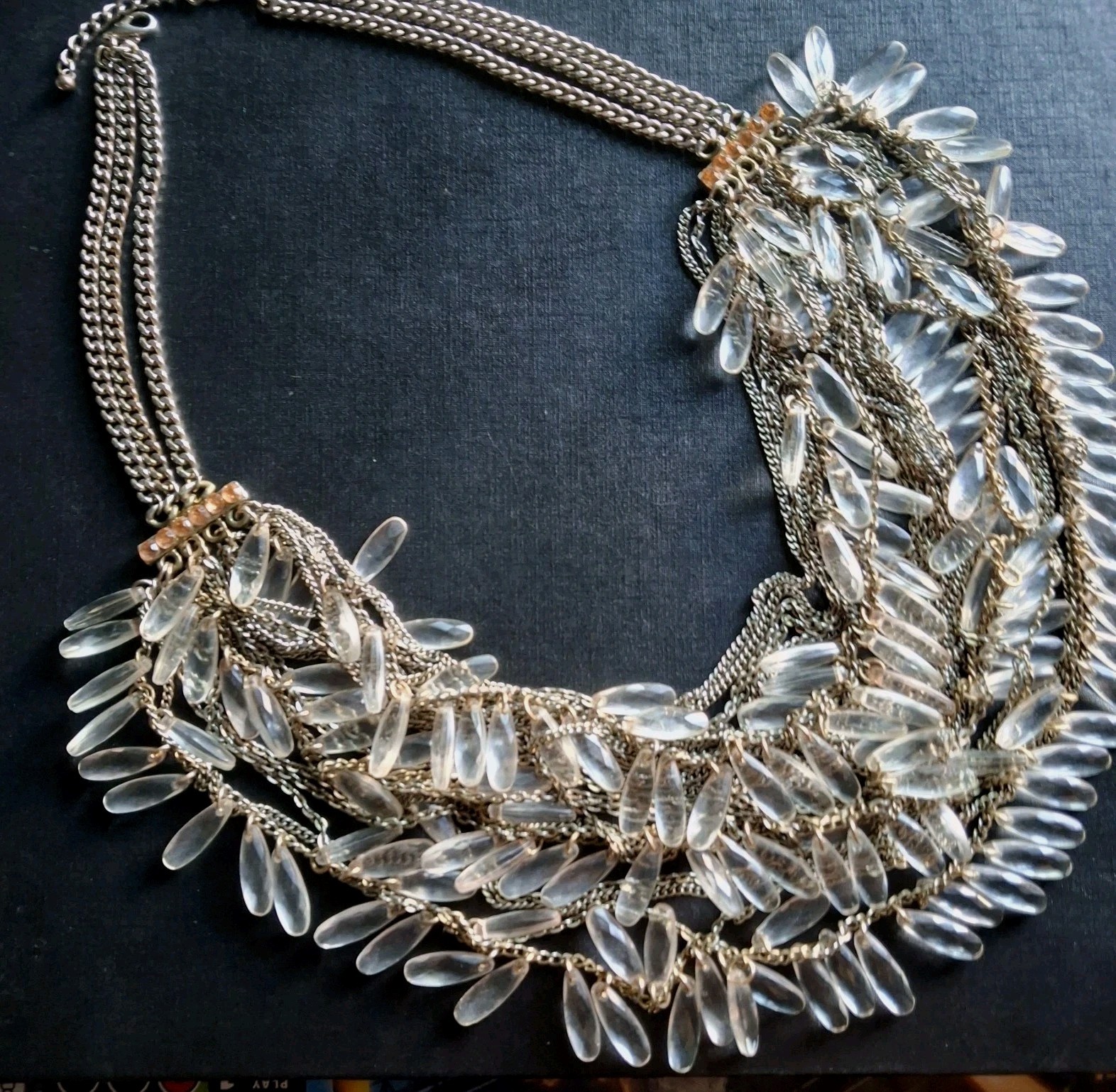 VTG Statement Bib Necklace Multi-Strand Fringe Featuring Clear Lucite Teardrops