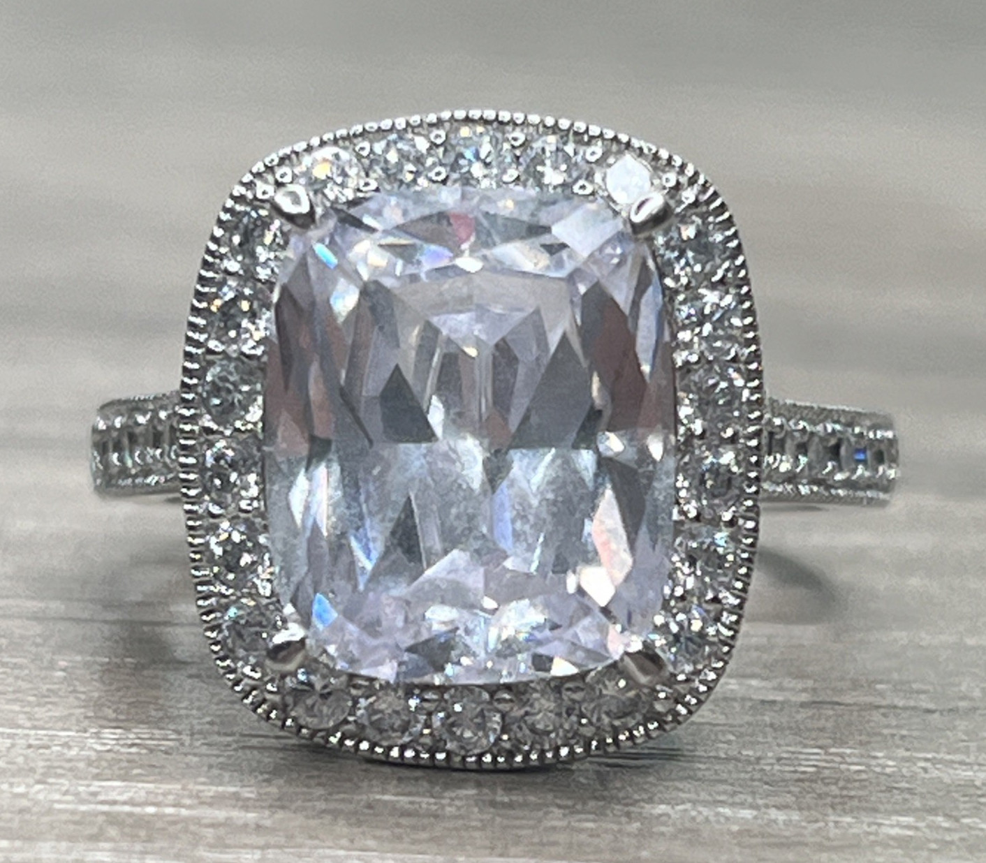 Signed PAJ Sterling 925 Clear CZ Cushion Cut Ring Halo With Side Stones SZ 8 6g