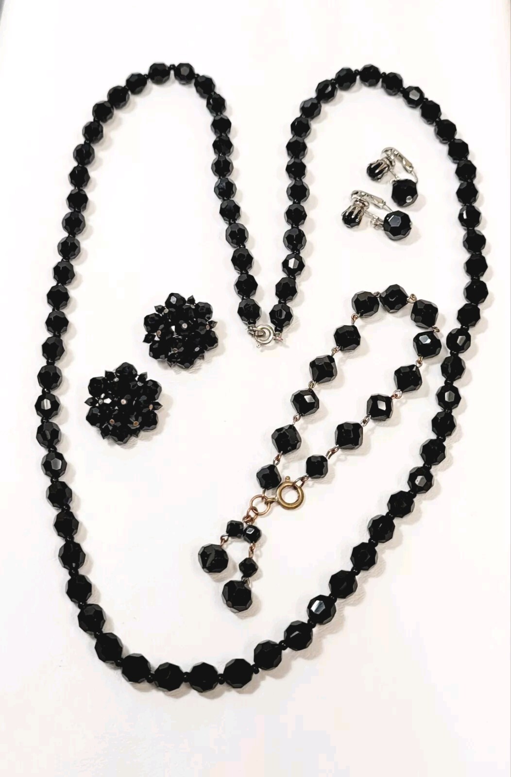 Vtg Black Crystal Glass Beads 2 Pr Earrings Bracelet & Necklace Goth Victorian