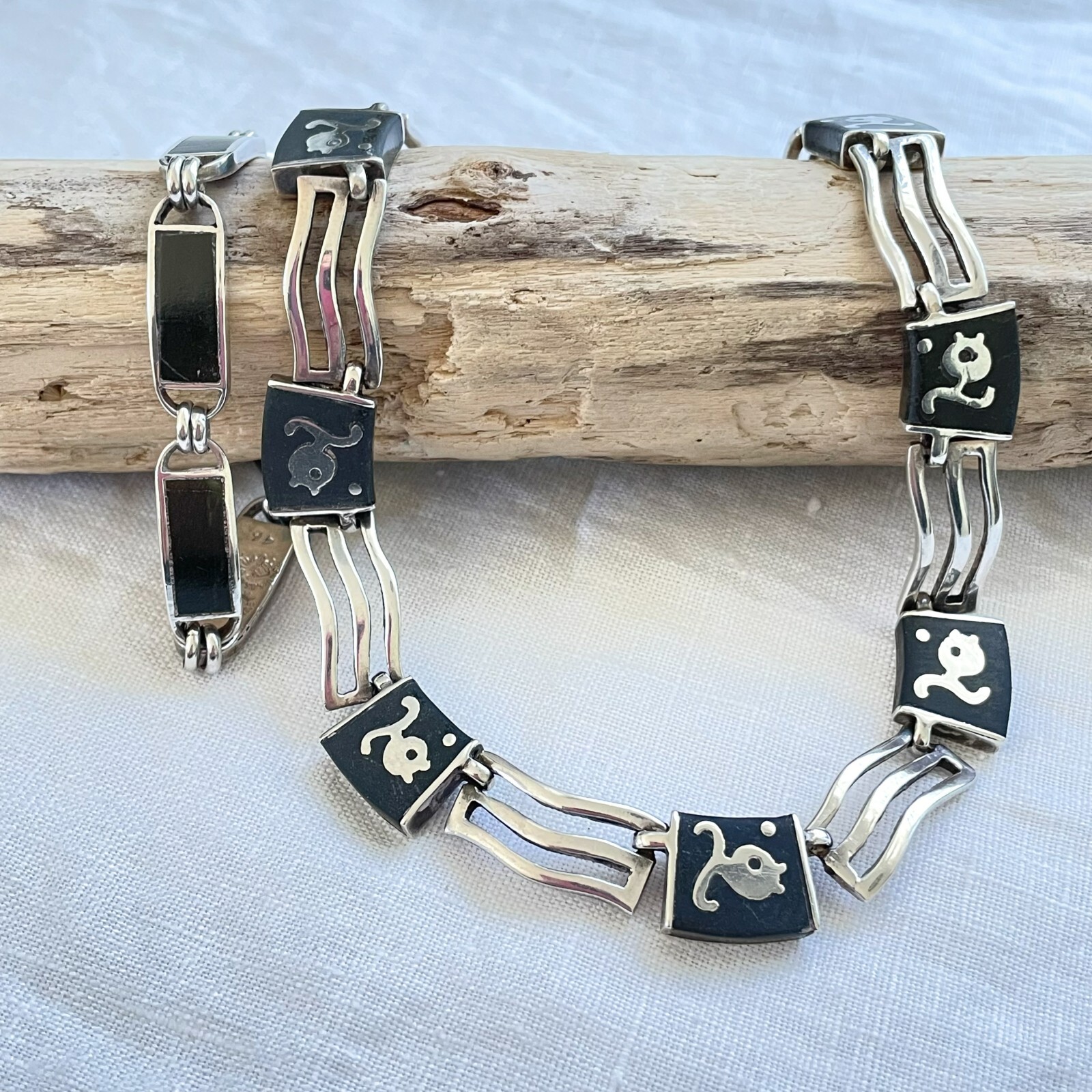 Vintage Los Castillo Onix Negro Fish Necklace/Bracelet Set, Sterling Silver Onyx