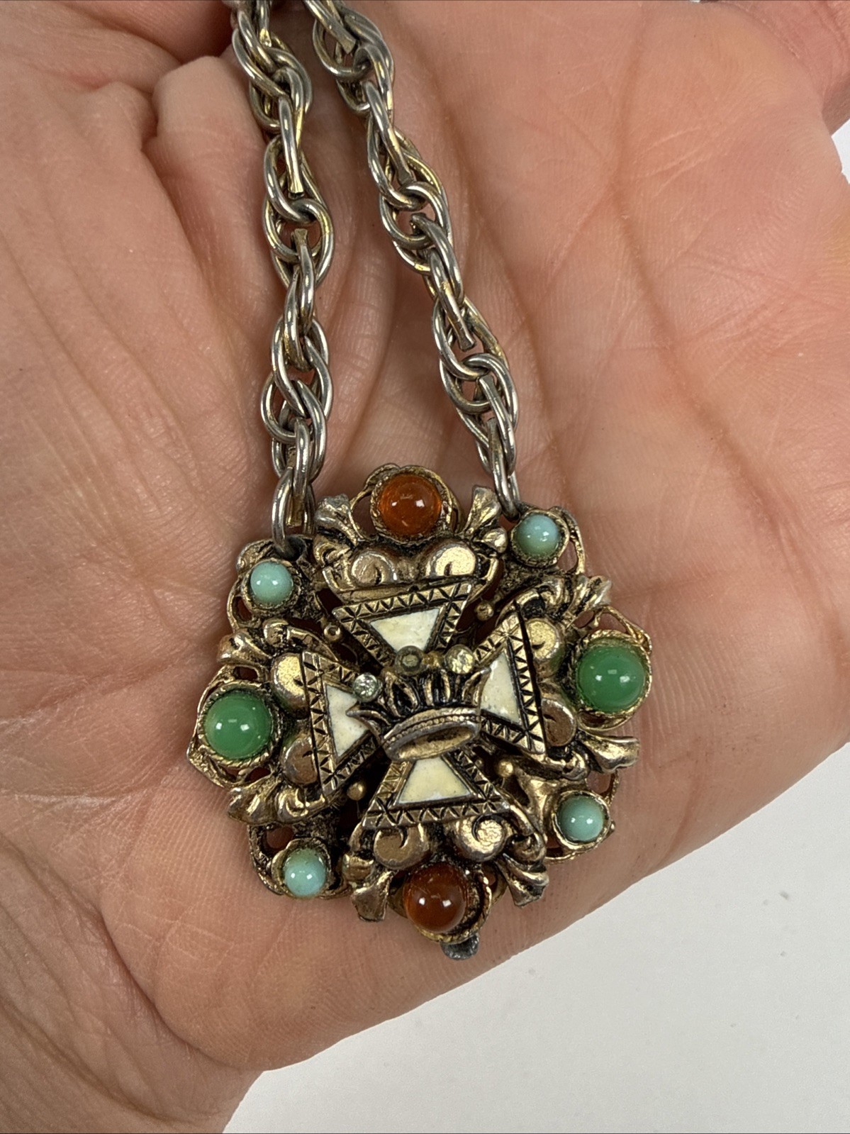Vintage Maltese Cross Crown Cabochon Green Red Necklace Gold Tone 12k 1/20 GF