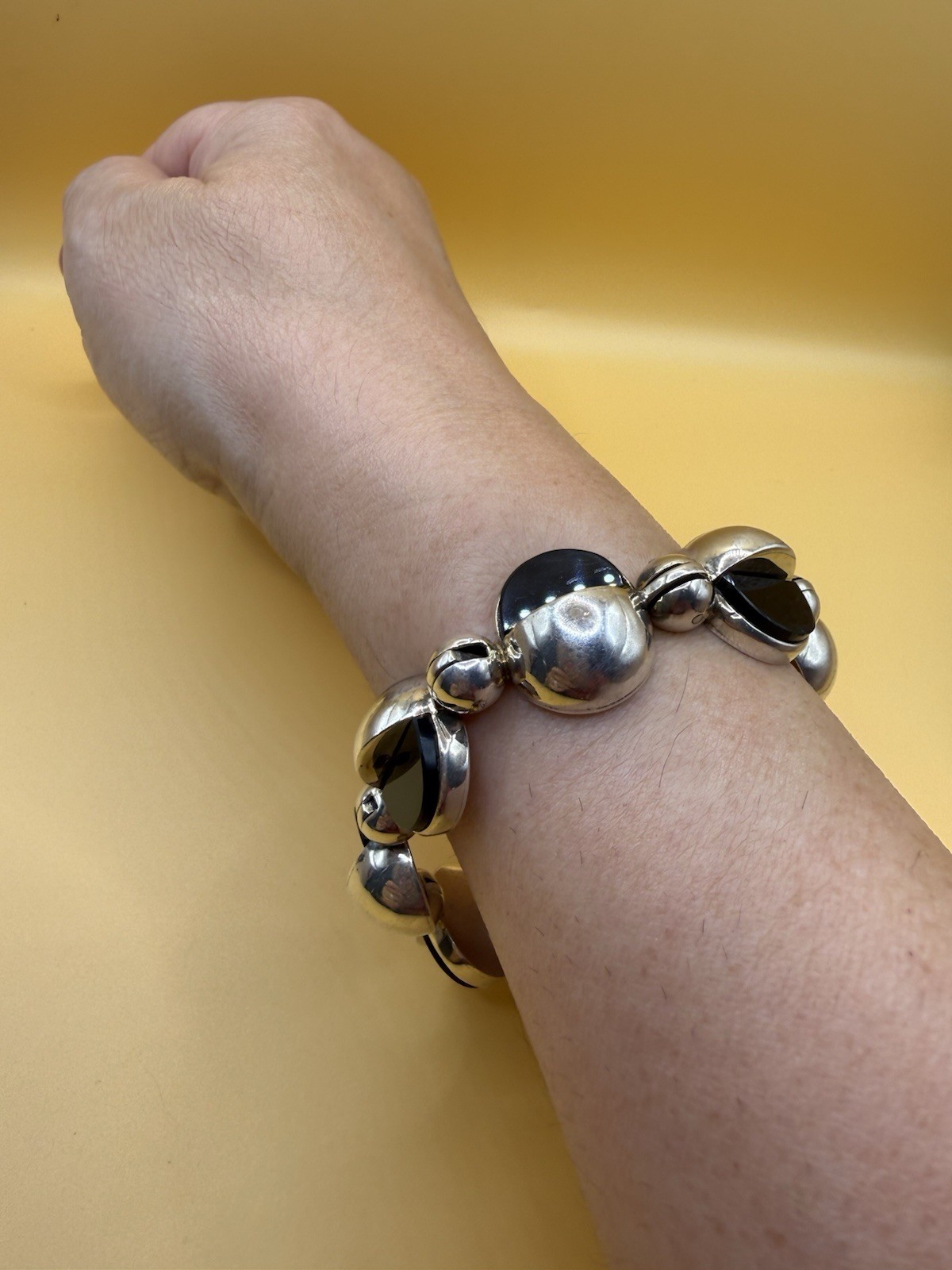 Antonio Pineda 970 Silver Black Onyx Modernist Bracelet Taxco – Eagle 21 – 74.8g