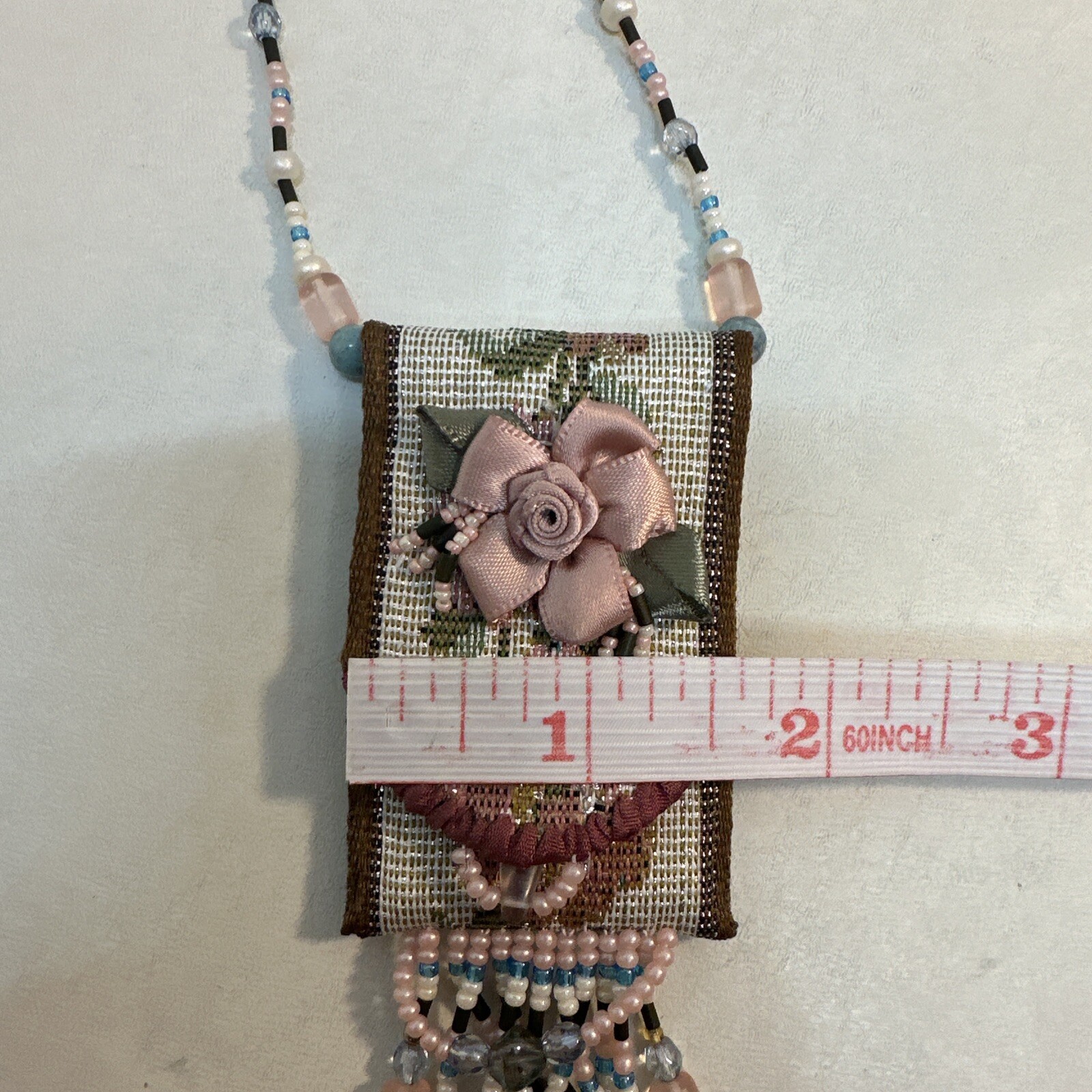 Vintage Needlepoint Handmade Purse Seed Bead Necklace Beaded Fringe-Bo Ho-Hippie