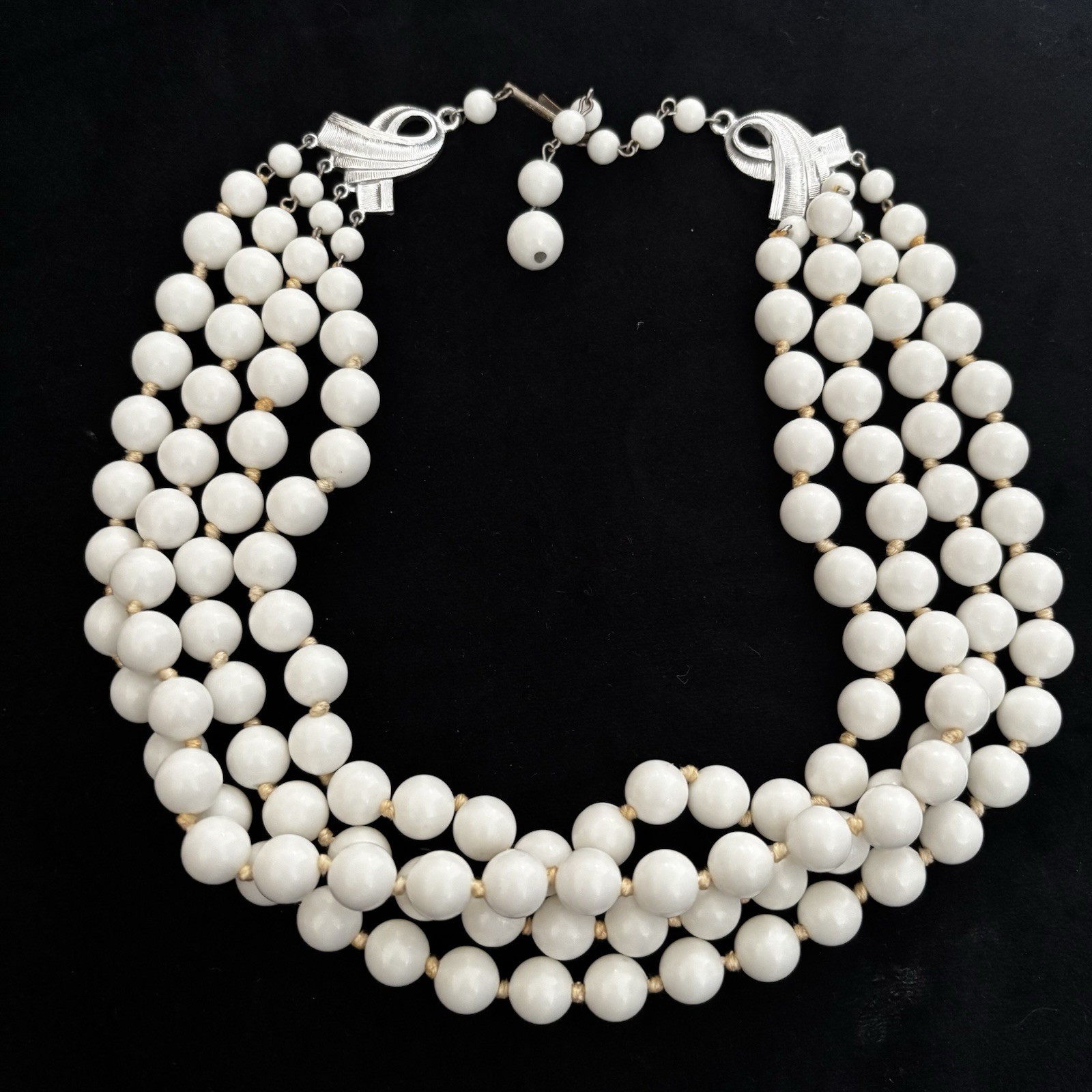 Vintage West Germany White Beaded Multi Strand Necklace With Silver Tone Clasp