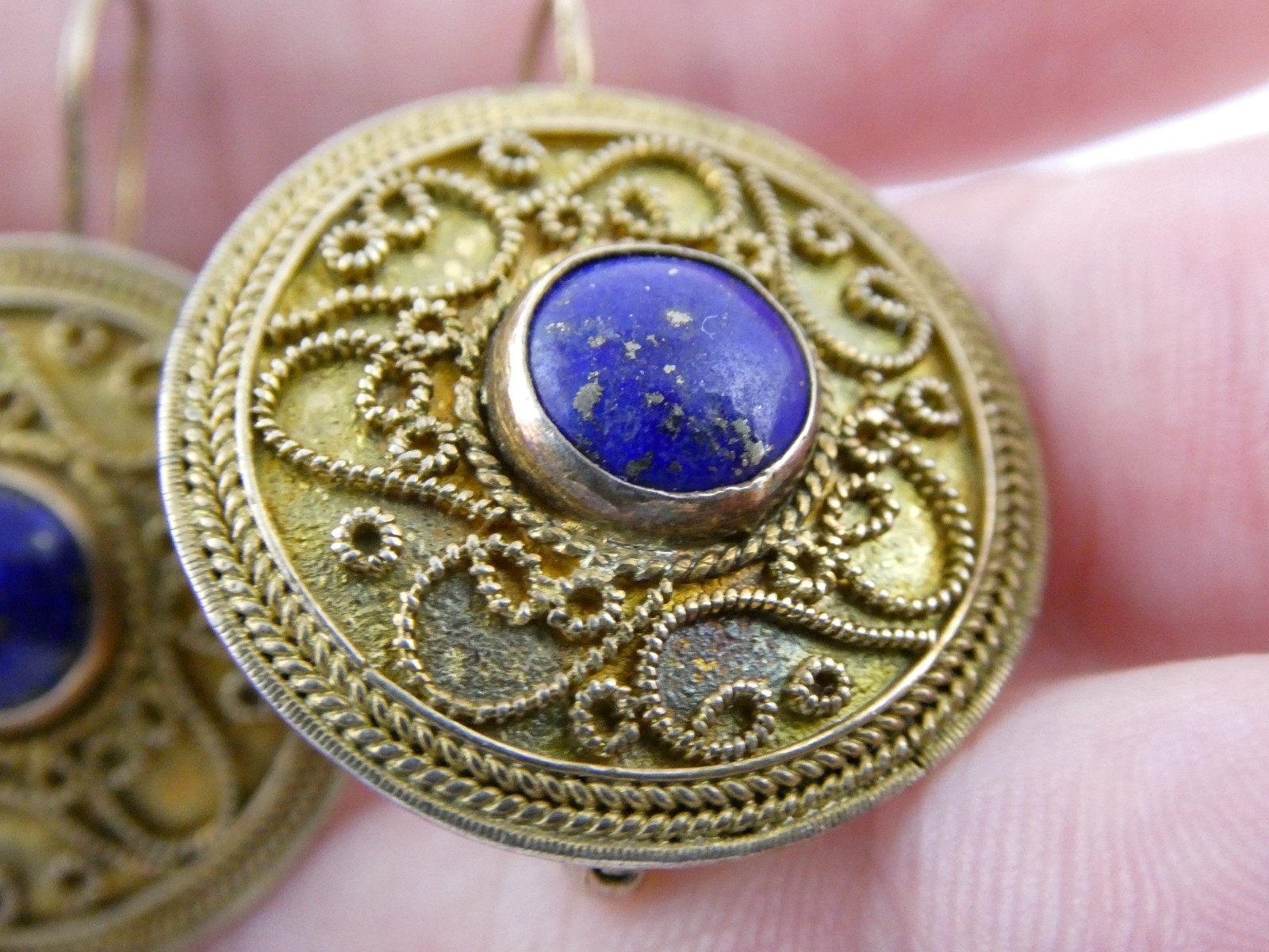 Vintage Gilt Sterling Silver Scroll Motif Lapis Lazuli Hook Earrings 7.3g 1.25In