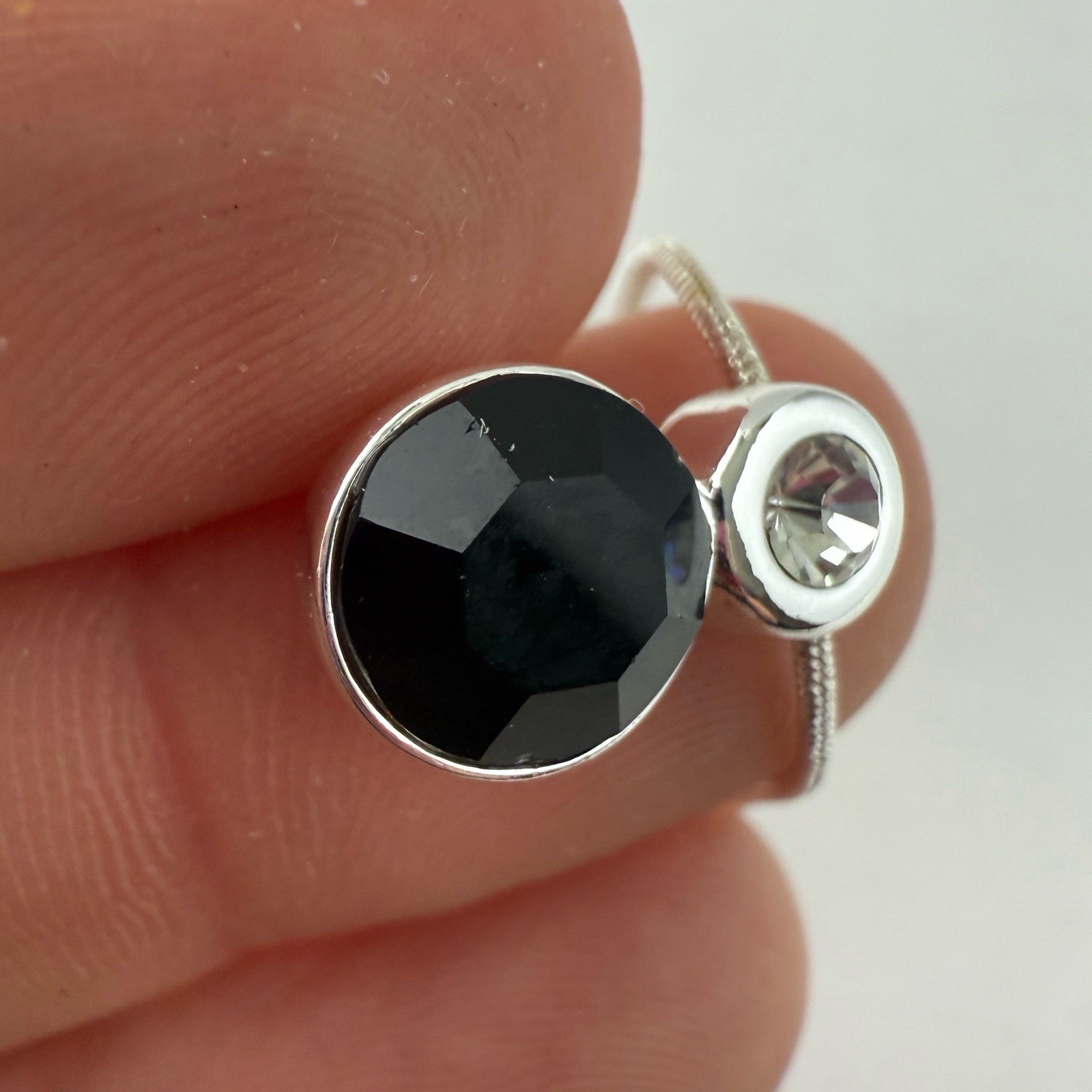 Monet Black Clear Rhinestone Round Pendant Snake Chain Necklace Silvertone