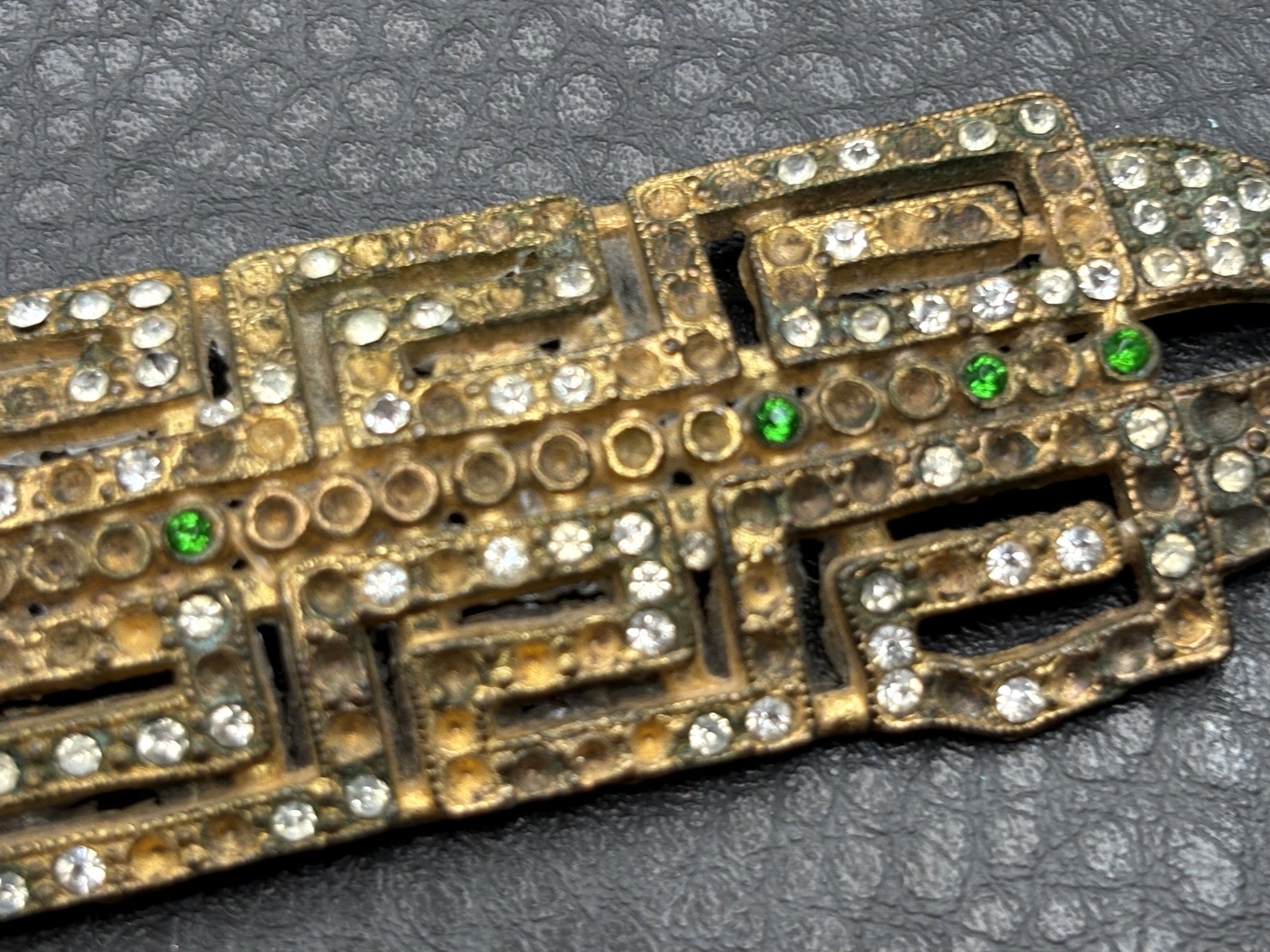 APEX Art Deco Rhinestone Gold Tone Pot Metal Dress Clip Brooch Vintage READ