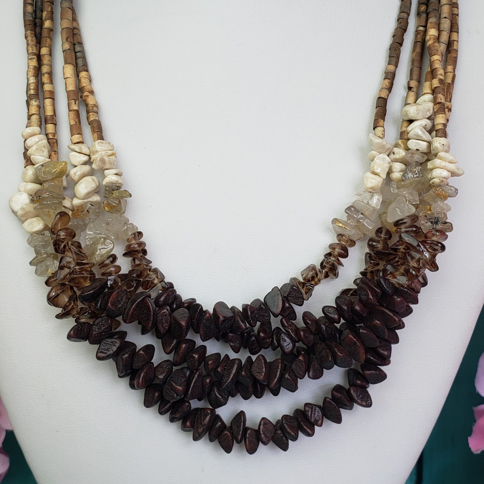 COLDWATER CREEK Quartz Stone & Wood Beaded Multi Strand Necklace Brown Boho