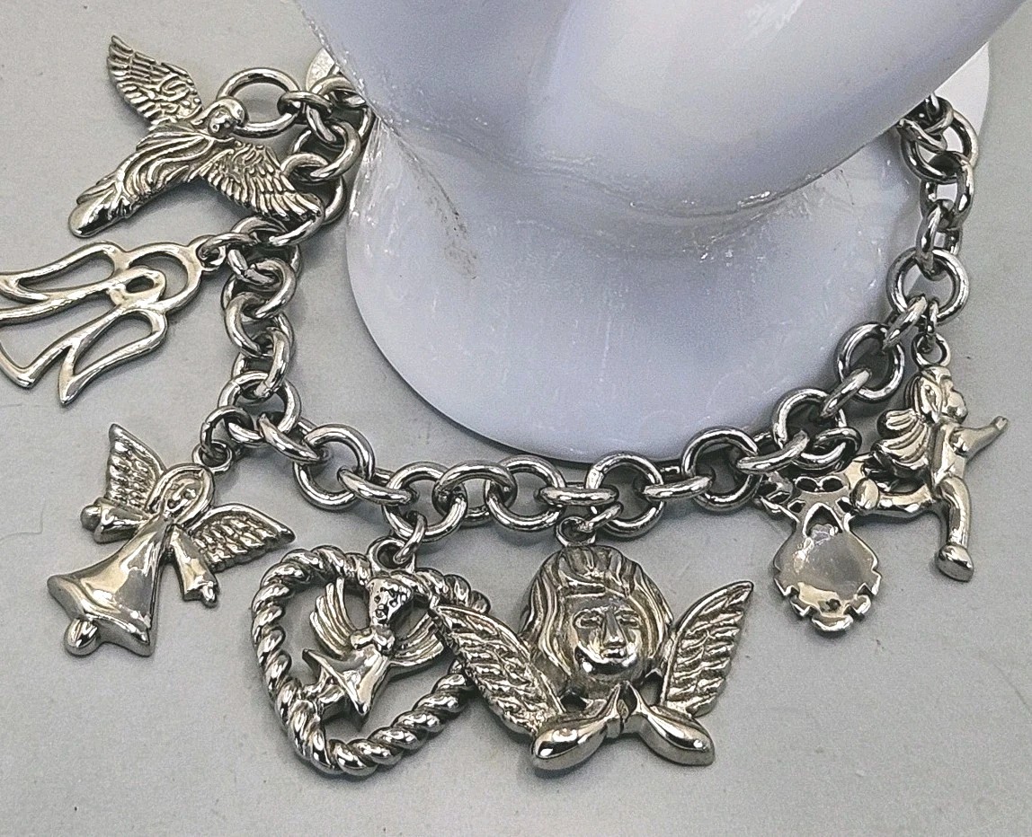 Milor Charm Bracelet Guardian Angel Cherub Stainless Steel Silver Tone 7″ Chain