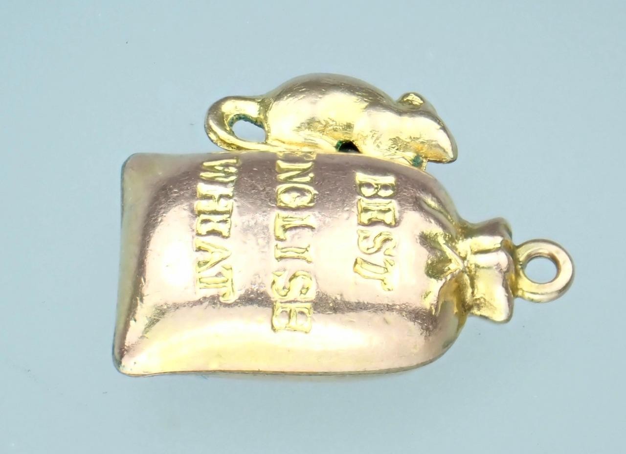 Fun! Antique Victorian Solid 9K Rose Gold Mouse Sack Of Wheat 3D Charm Pendant