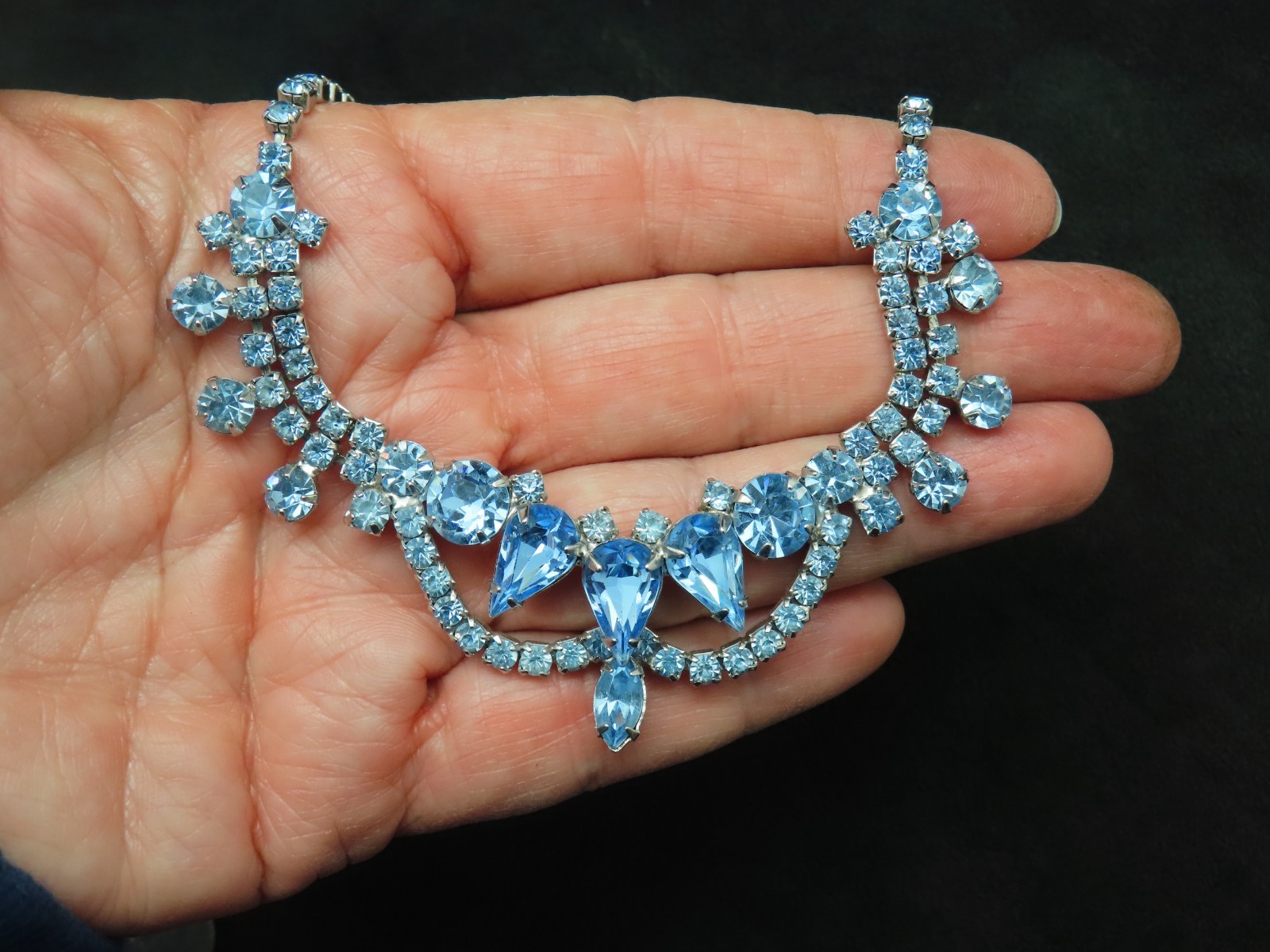 Vintage 1960’s Silver Tone Baby Blue Rhinestone Festoon Swag Necklace