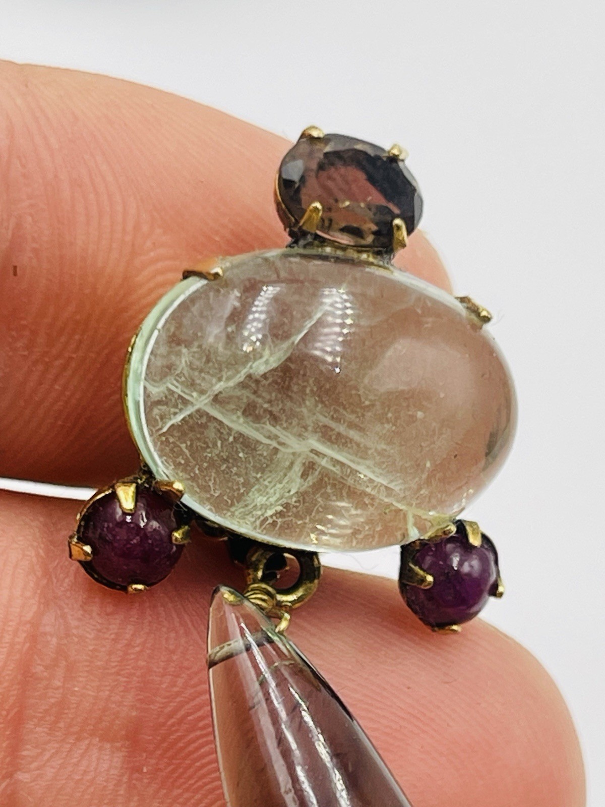 Iradj Moini Vintage Gold Plated Green Beryl Smoky Quartz Ruby Dangle Earrings