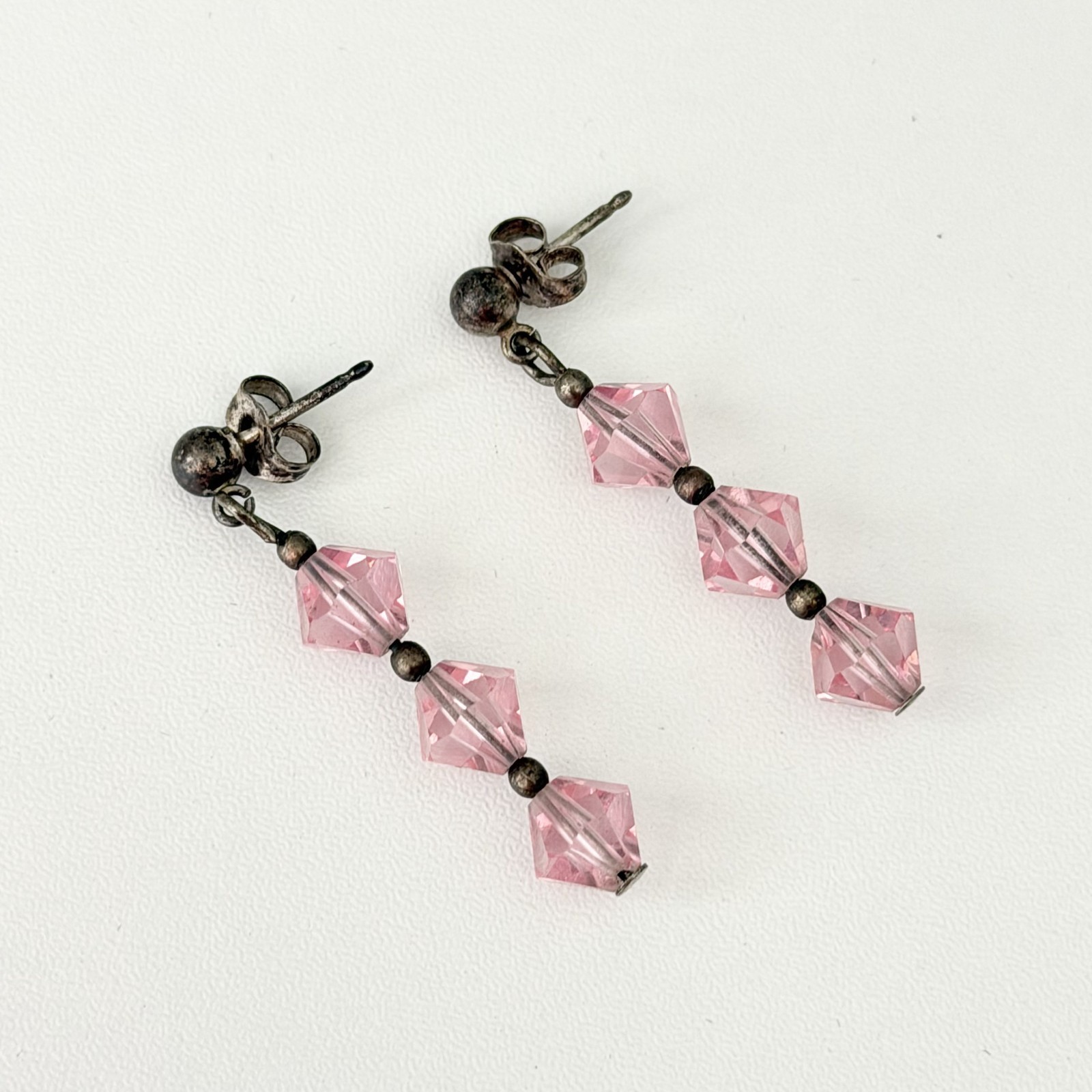 Vintage 925 Sterling Silver Pink Crystal 3 Stone Dangle Earrings