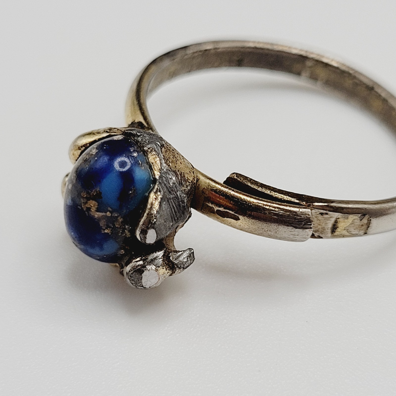 Antique Lapis Lazuli Small Domed Stone w Specks Ring Adjustable Worn Distressed