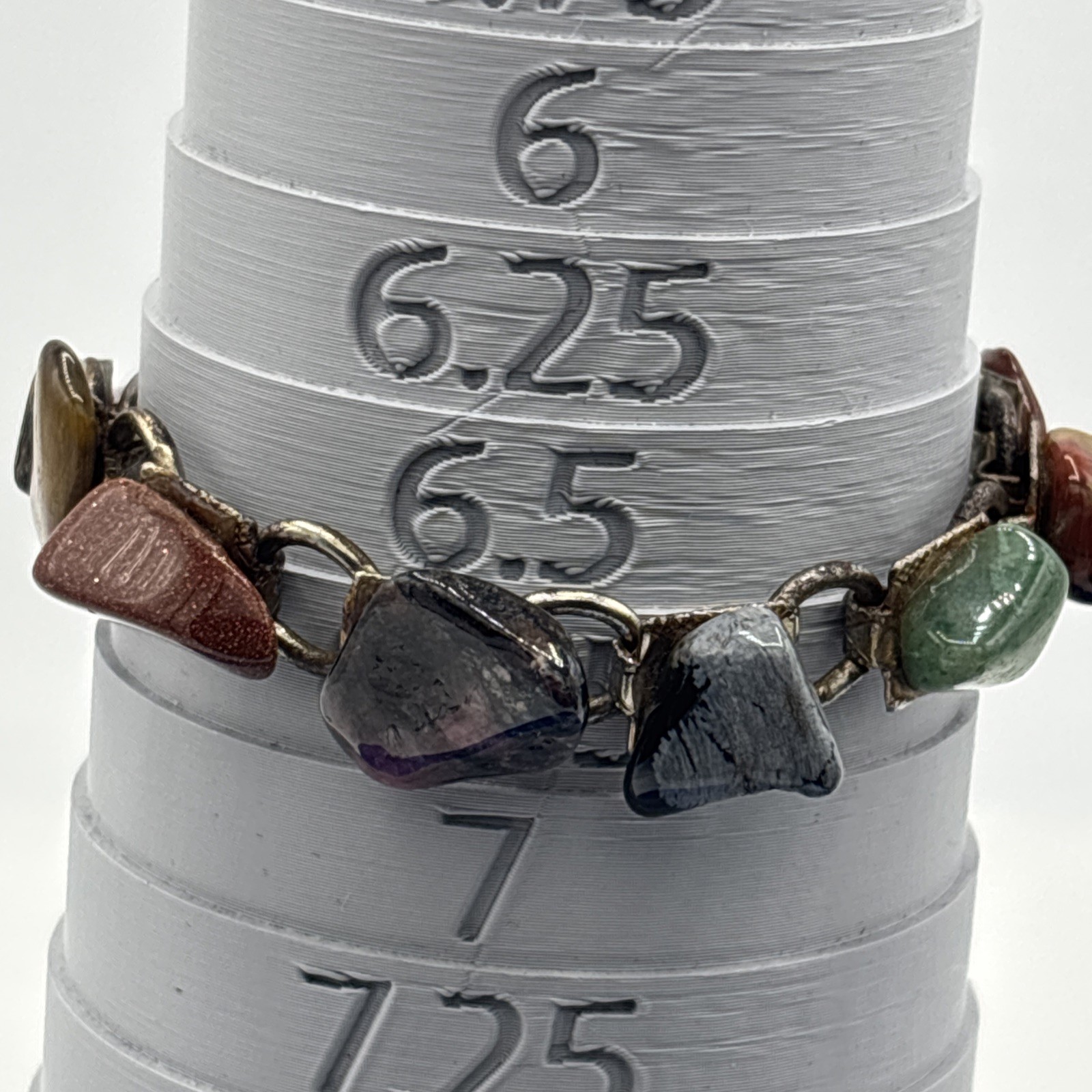 Vintage Semi Precious Stone Link Bracelet Goldstone Rose Quartz Goldstone 6.75”