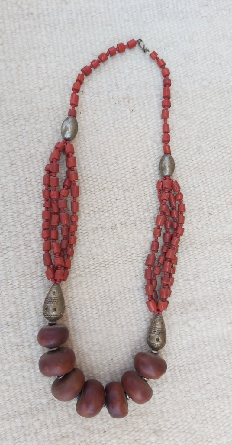 Vintage Tribal Coral Glass & Resin Copal Necklace Ethnic Metal Beads Boho Statem