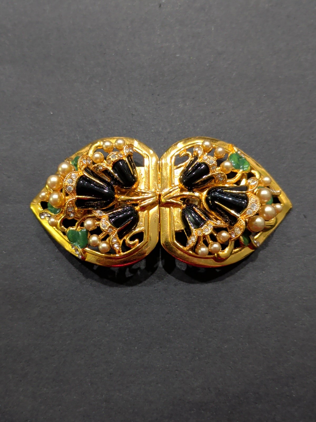 CORO DUETTE Convertible Brooch Gold Tone Black Green Enamel Pearl Crystal Floral