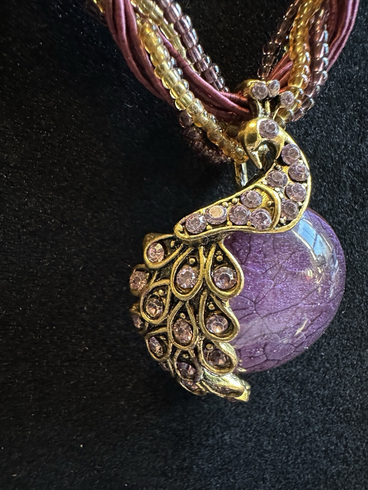 Beautiful Vintage Peacock Pendant Necklace In Purple and Gold Tones 20” Long