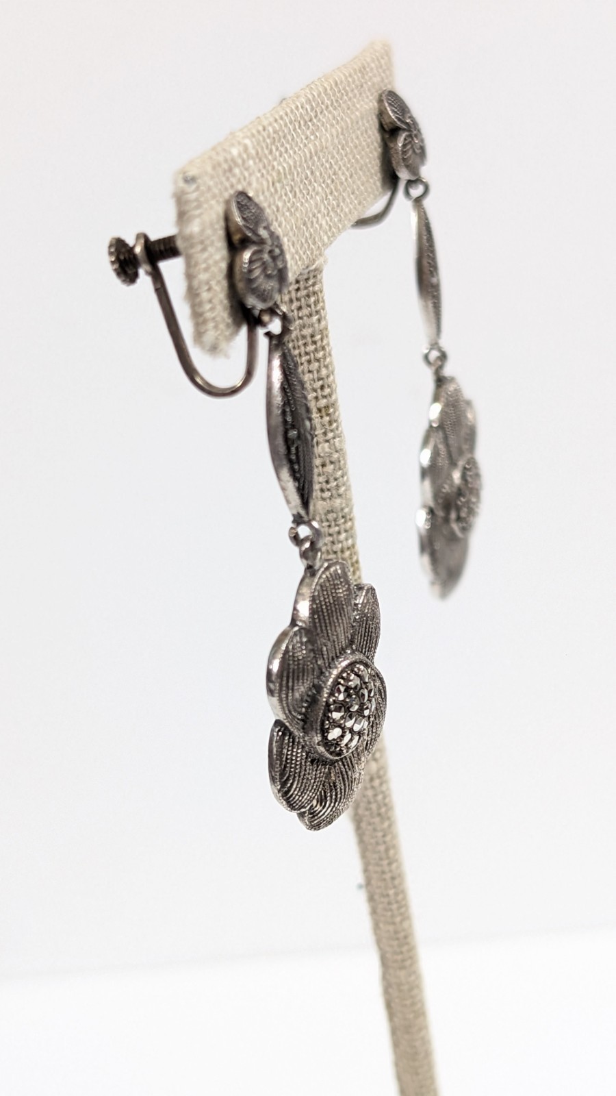 Art Deco Sterling Silver Marcasite Drop Flower Earrings – 925 Vintage