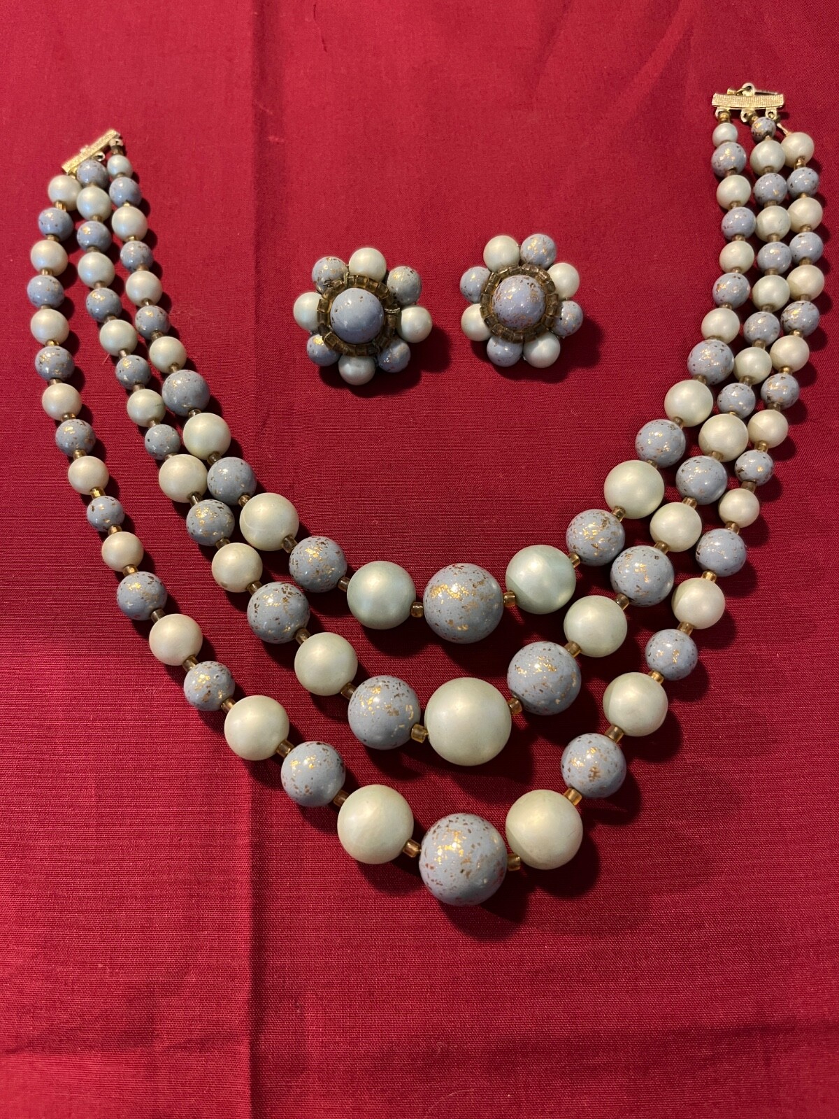 Vintage Japan 3-Strand Blue Shiny & Frosted Necklace With Clip On Earring Set