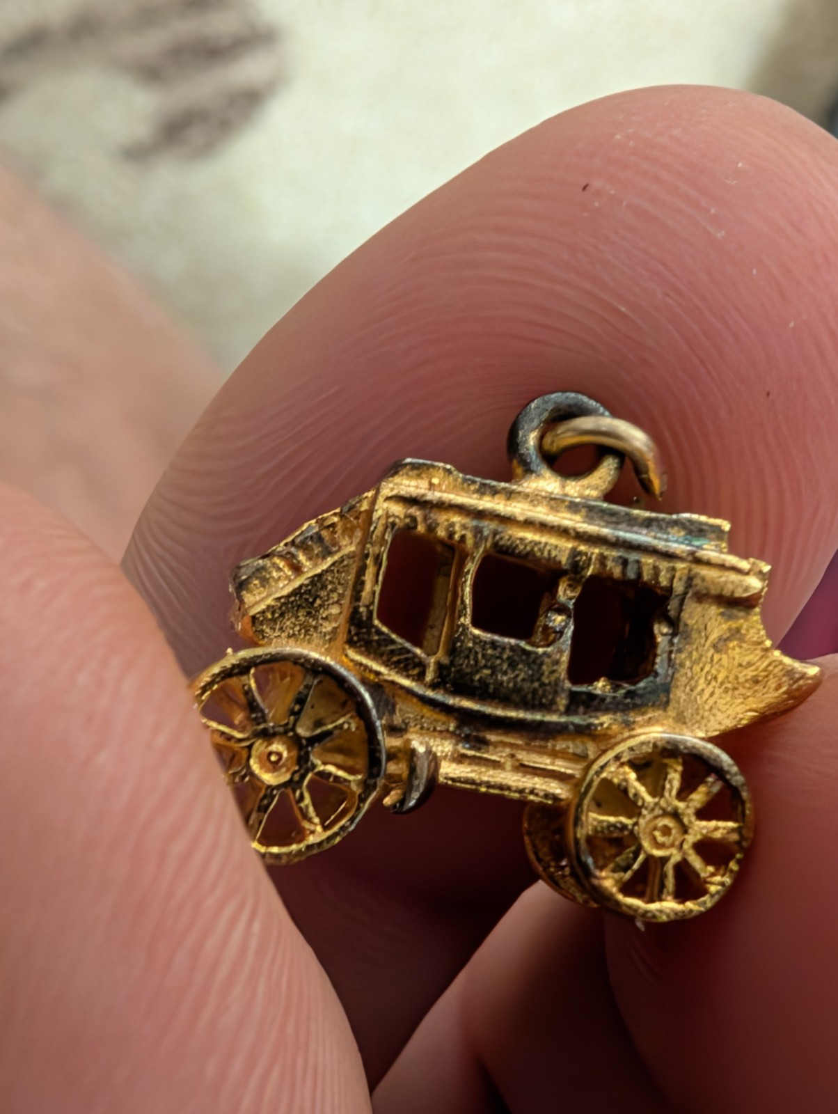 Vintage 3D Stagecoach Charm – Sterling Silver 925 with 14K Gold Wash – 4.88g