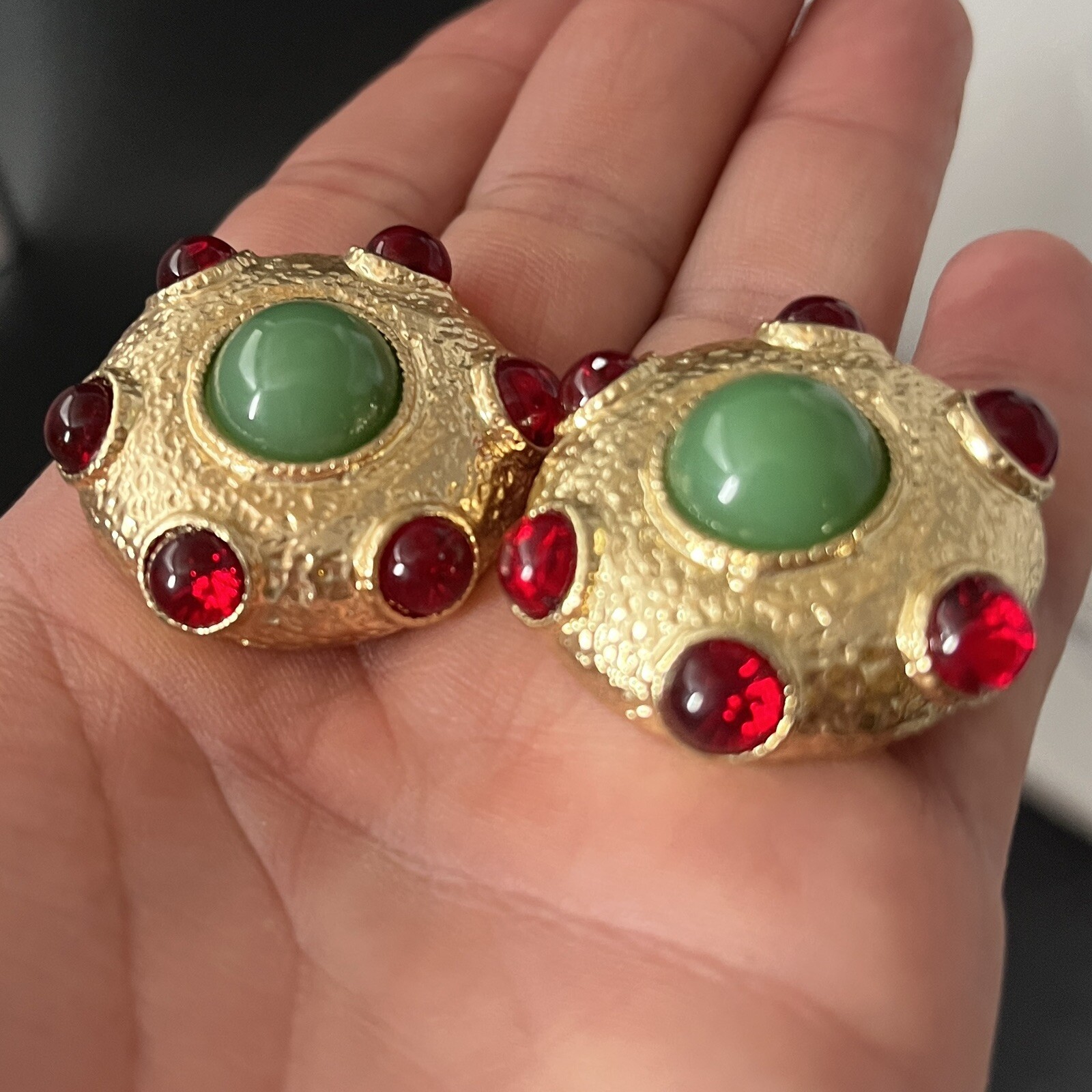Etruscan Gripoix Glass Earrings Red Green Mogul Gold Dome Pierced Designer Style