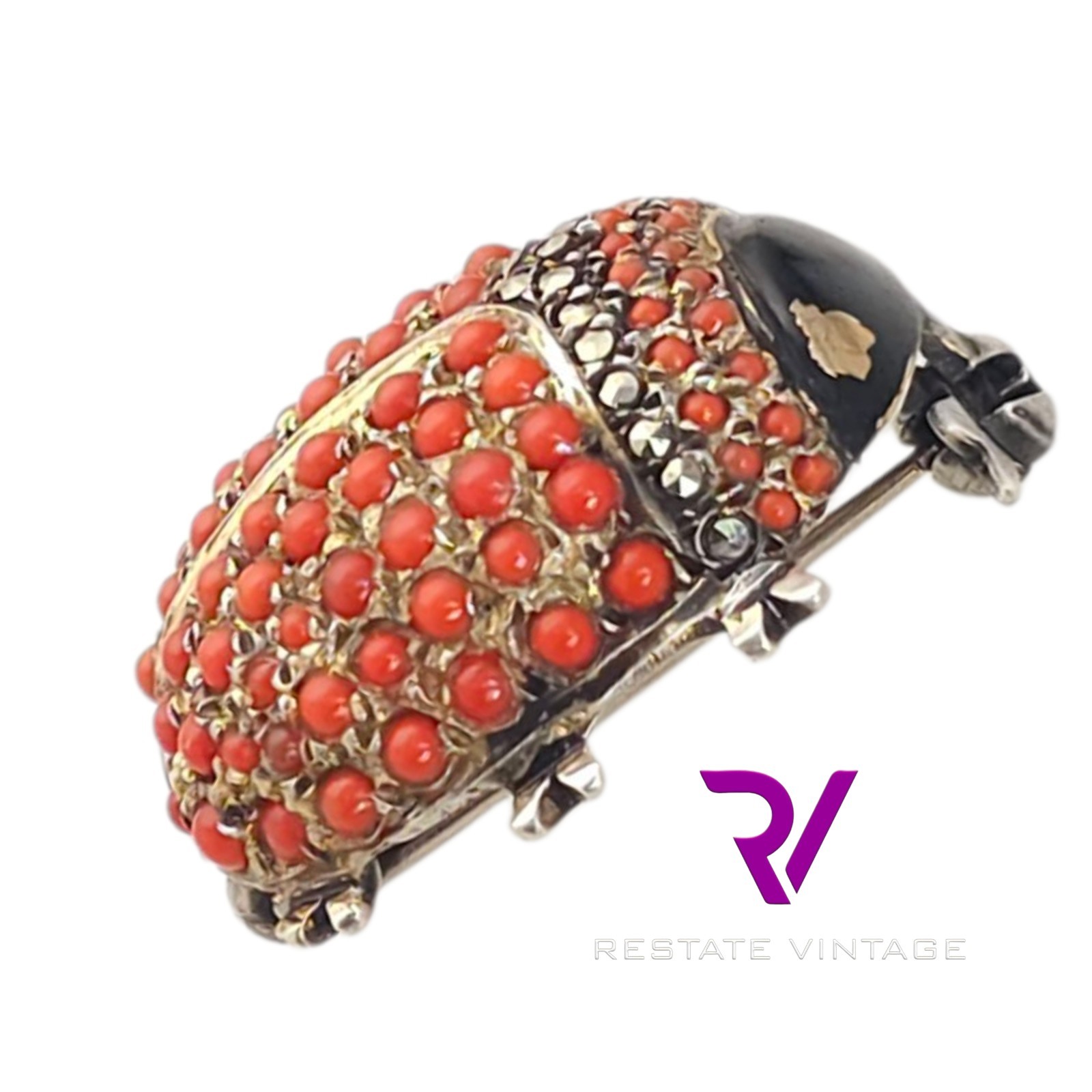 Vintage Germany US Zone Sterling Seed Coral Marcasite Ladybug Brooch