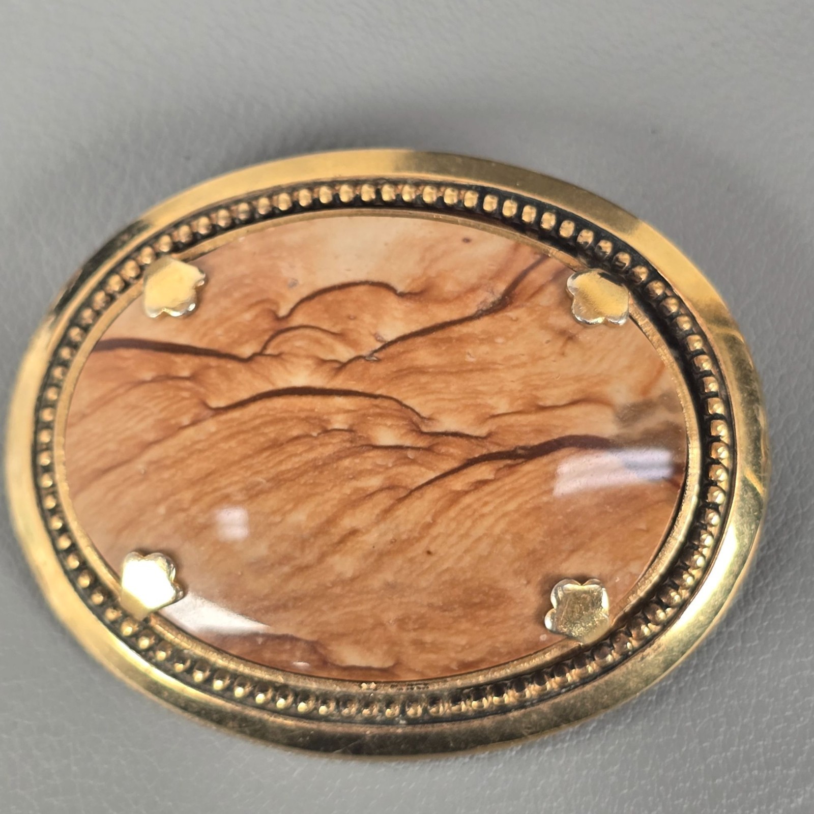3 Vintage Gold-Tone Picture Agate Jasper Brooch Pins W/ Textured Bezel Setting