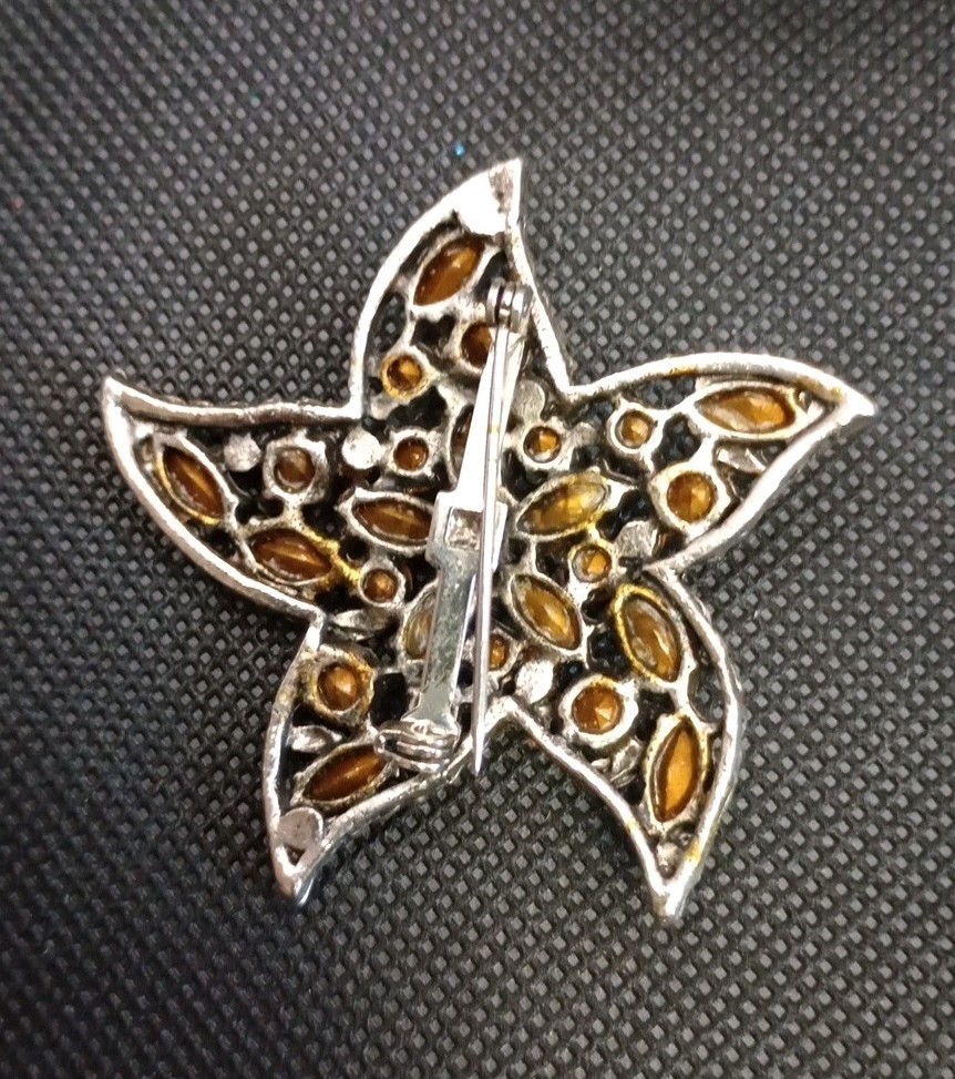Vintage Brooch Starfish Gold Tone with Orange & Brown Rhinestones