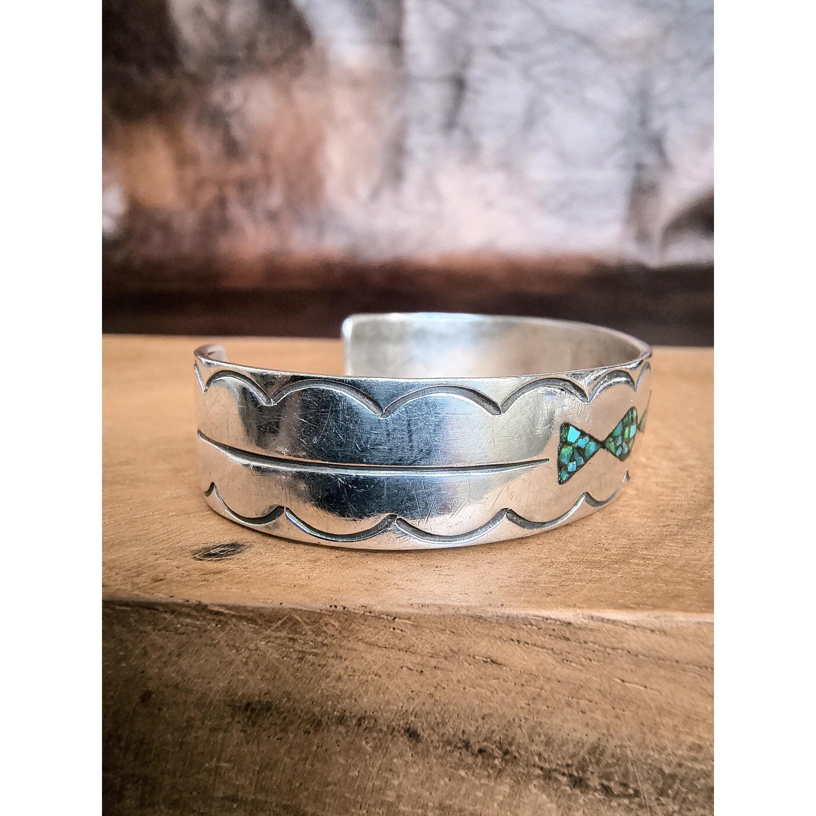 Vintage Sterling Silver Turquoise Chip Inlay Cuff Bracelet Southwestern Stamped