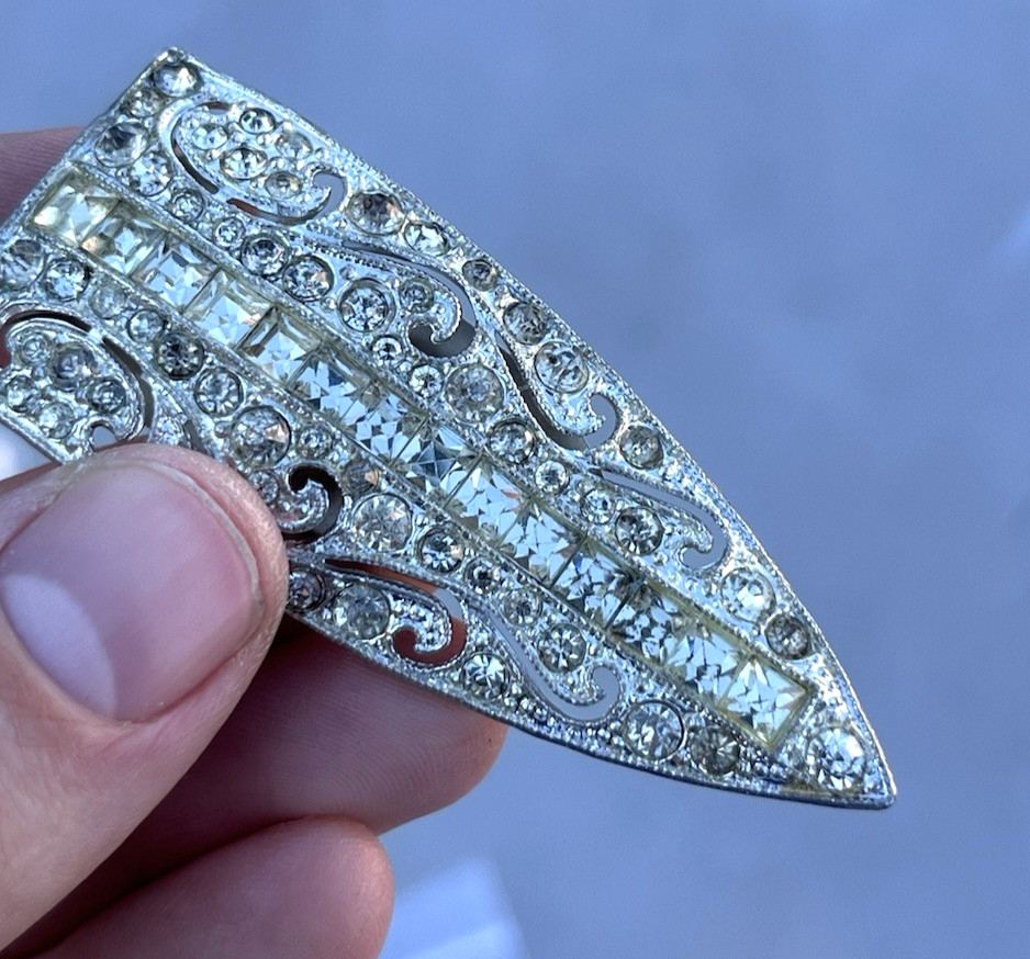 Antique Art Deco Brooch & Dress Shoe Fur Scarf Clip Clips Lot Silver Tone Clear