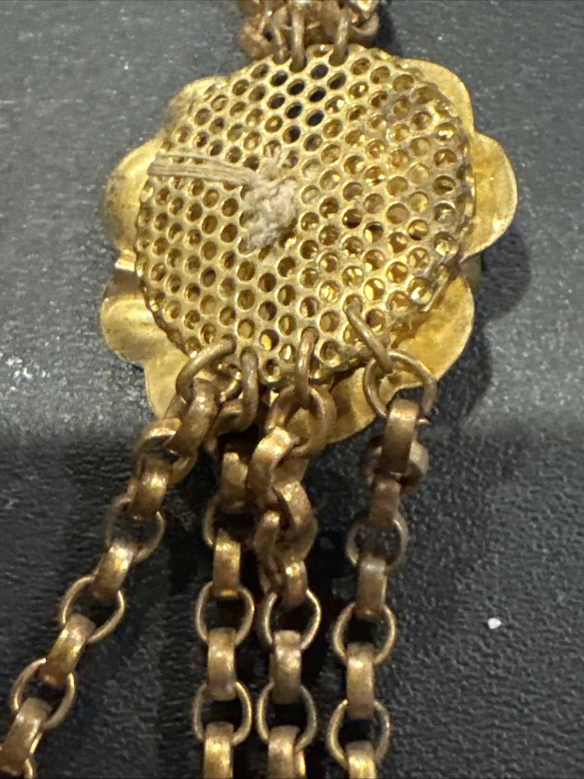 ANTIQUE VINTAGE FESTOON NECKLACE GOLDWASH BRASS FILIGREE ROSETTES DANGLES
